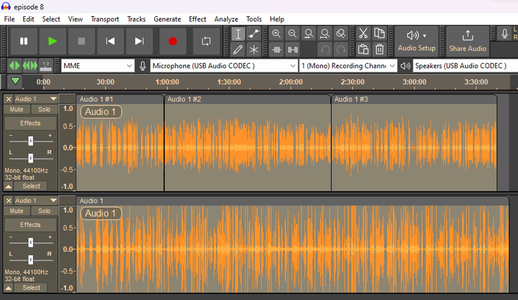 A screenshot showing the audio timeline of episode 8. It goes on for over 3.5 hours.