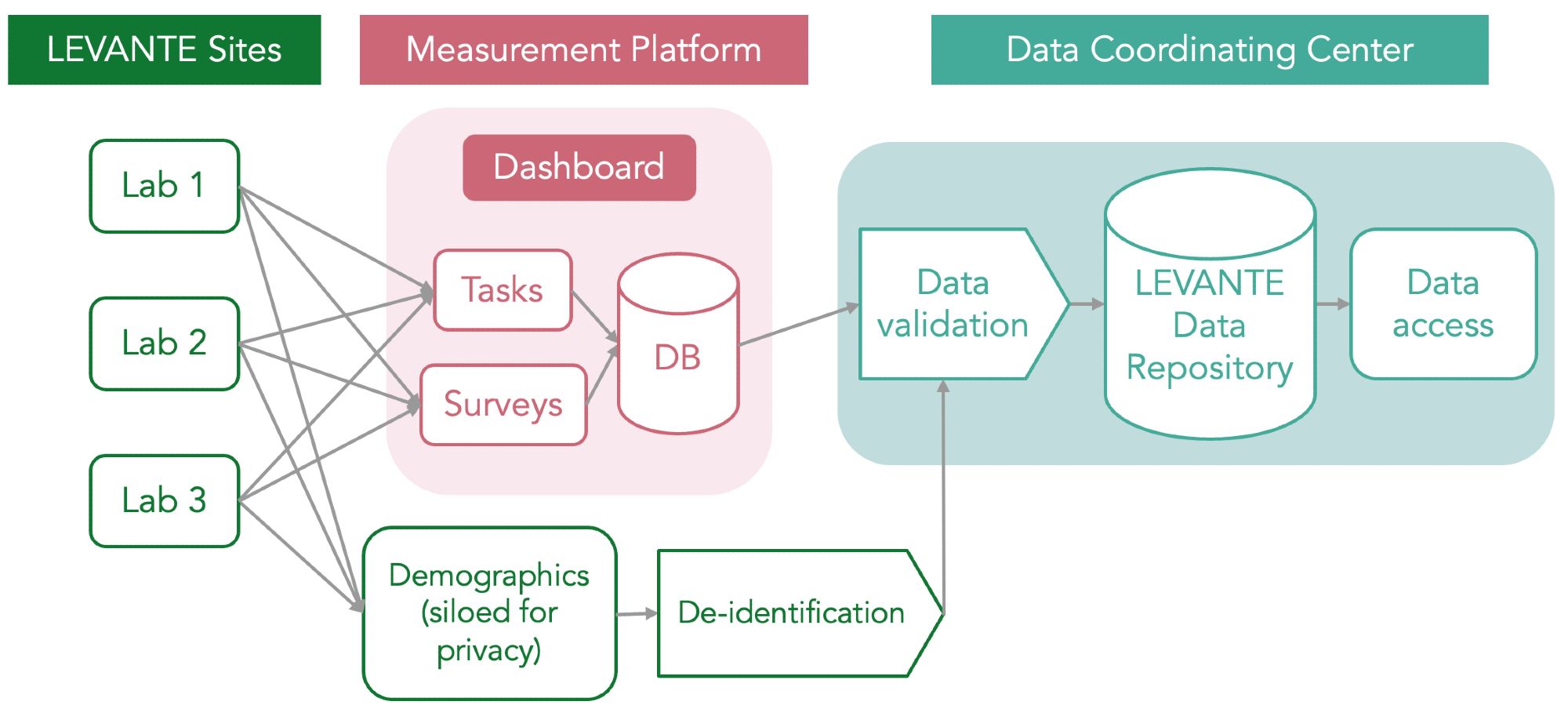 Diagram of data flows in LEVANTE, from labs to measurement platform, to data repository.