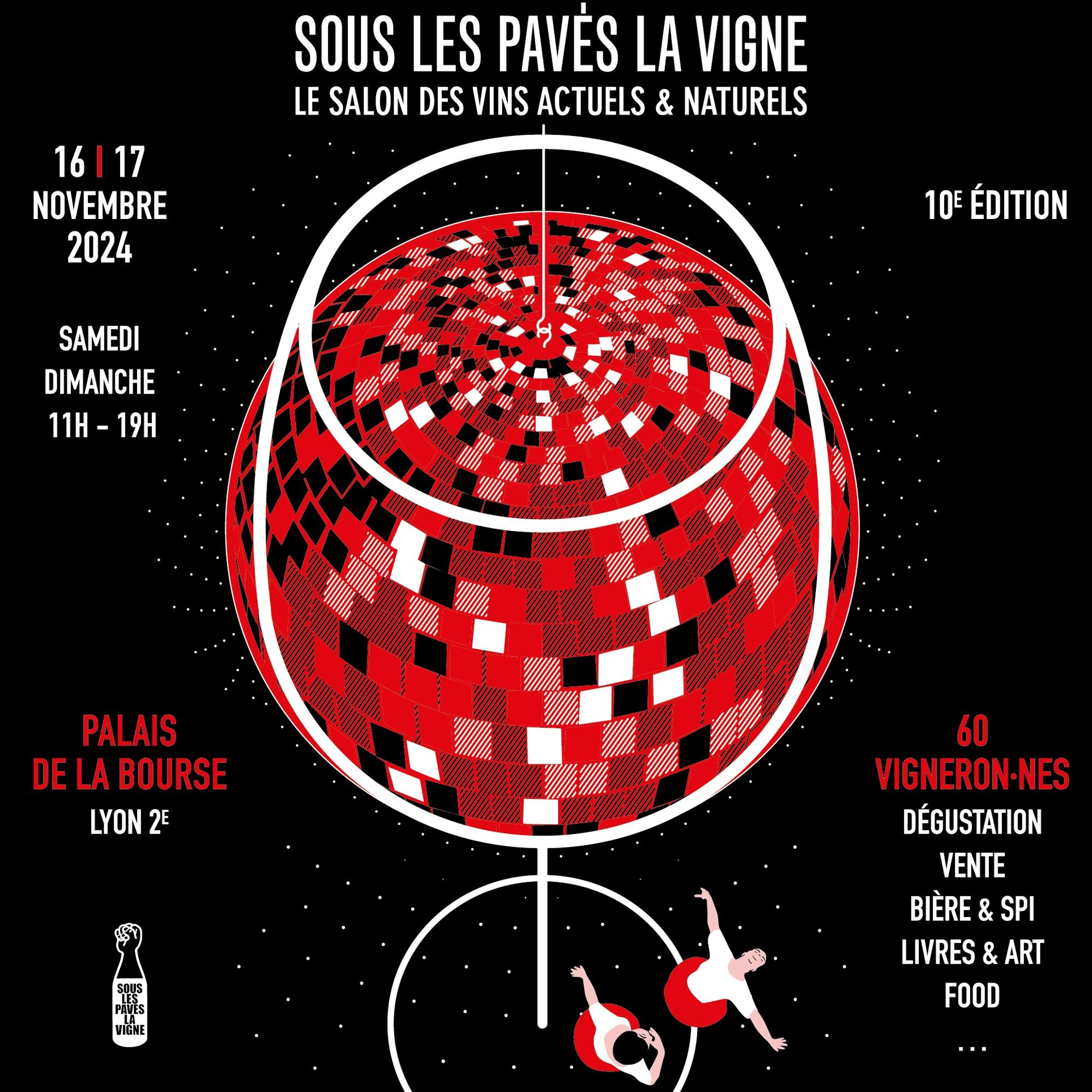 Affiche de la 10e édition lyonnaise de Sous les pavés la vigne (un verre boule à facettes).