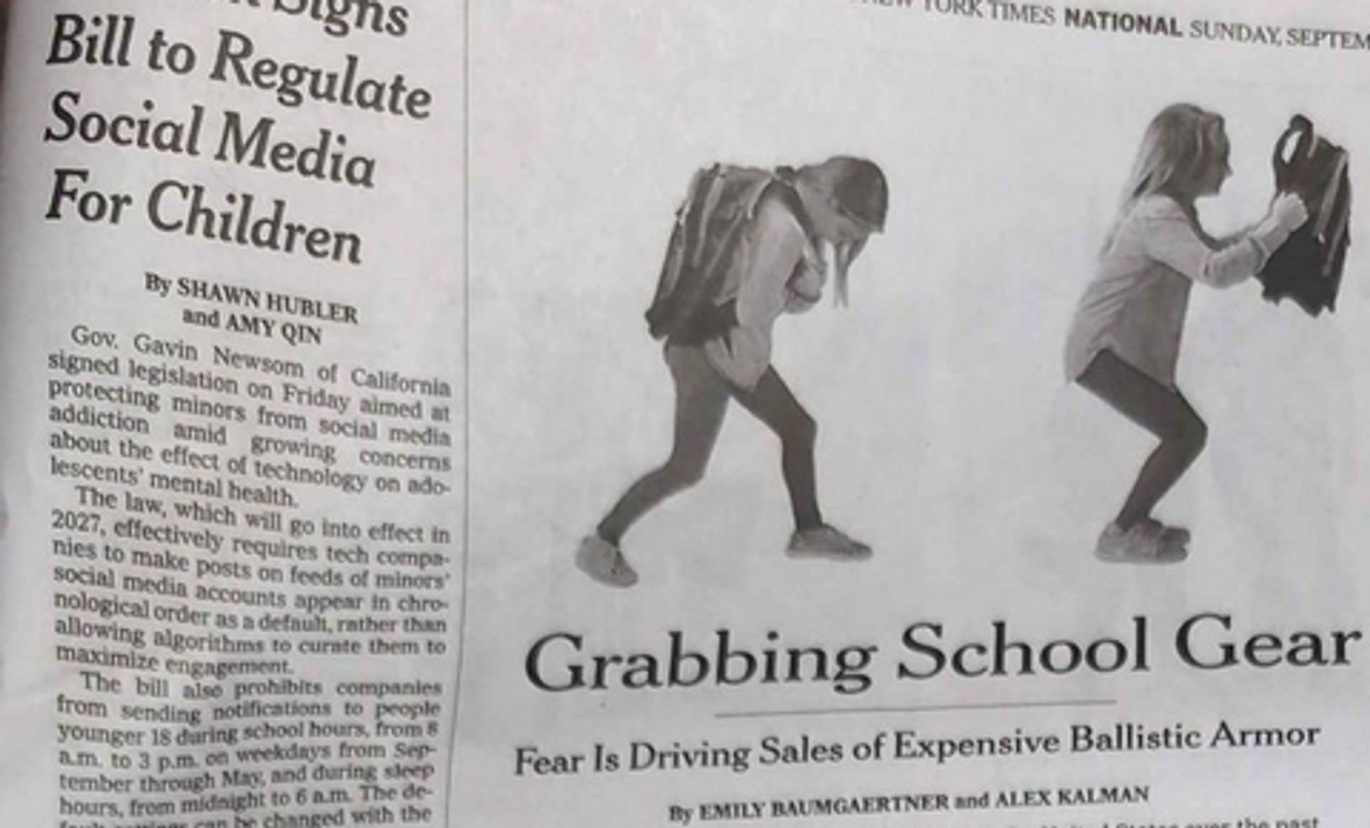 A cut off headline to the left of the "school shooting armor" article -

"... Signs Bill to Regulate Social Media for Children"