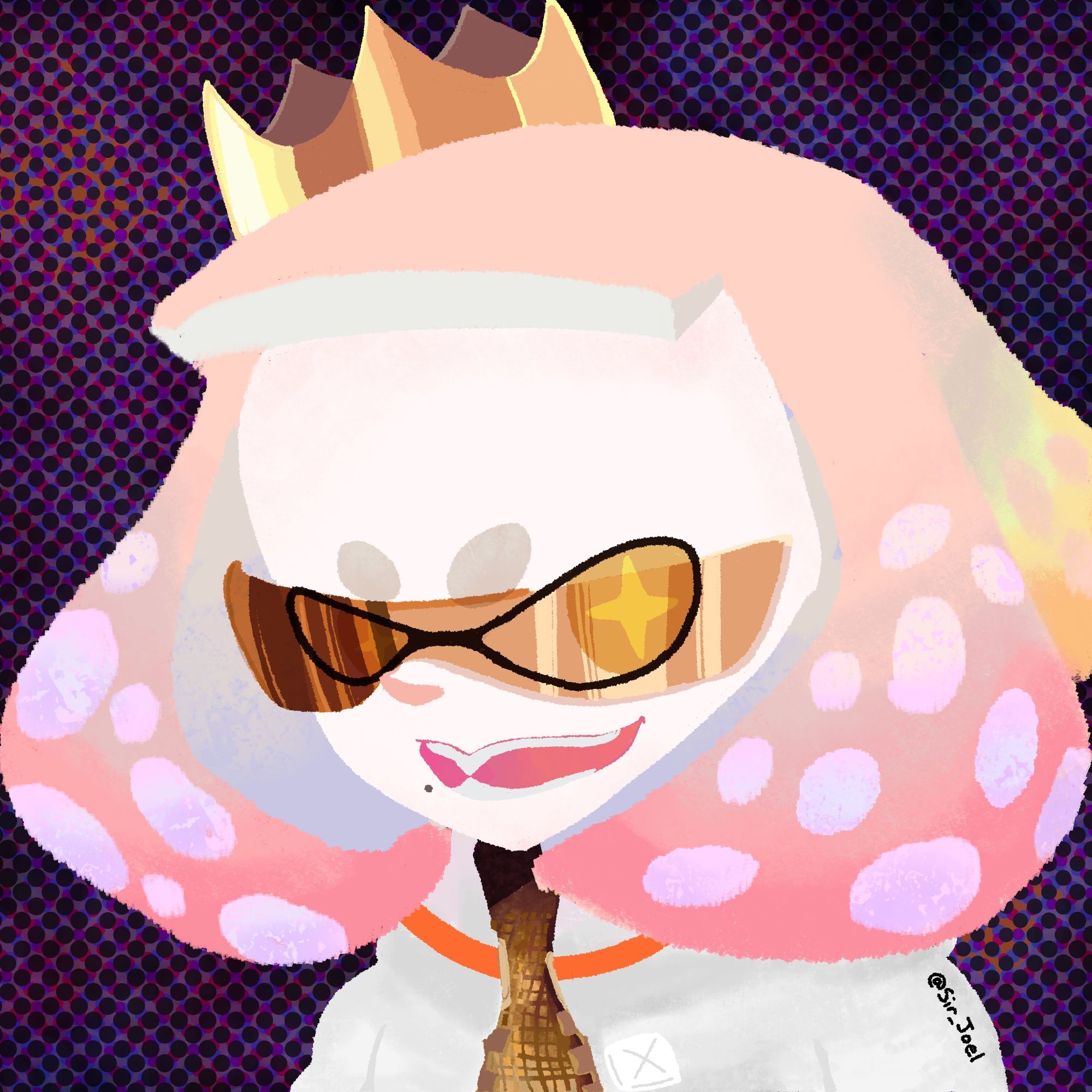 Pearl from Splatoon wearing her Splatoon 3 outfit looking at the viewer with a mischievous grin