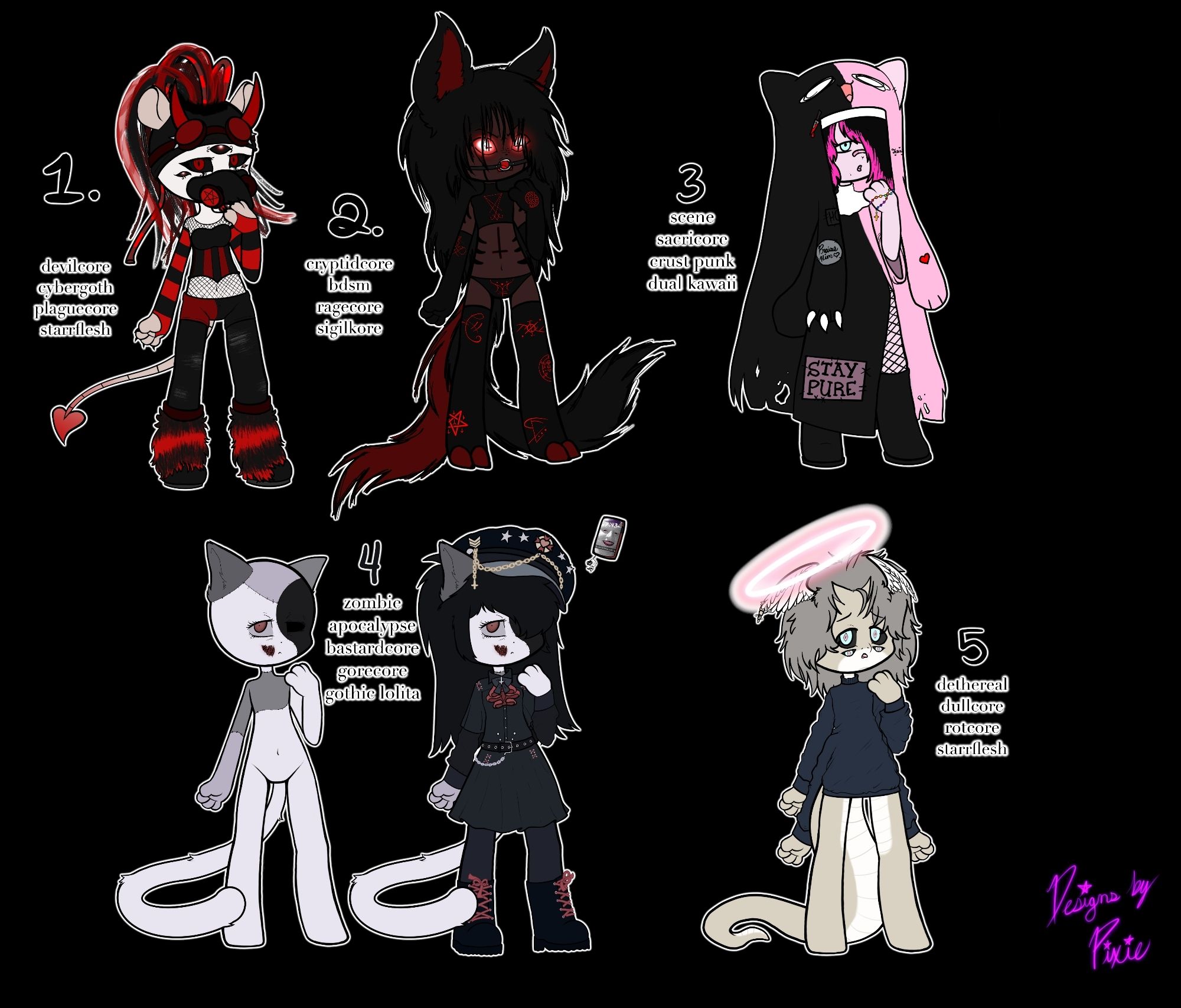 A red cybergoth possum, a messy feral looking two tailed cat, a pink scenecore nun, a gothic lolita zombie and a starrflesh snake in a sweater