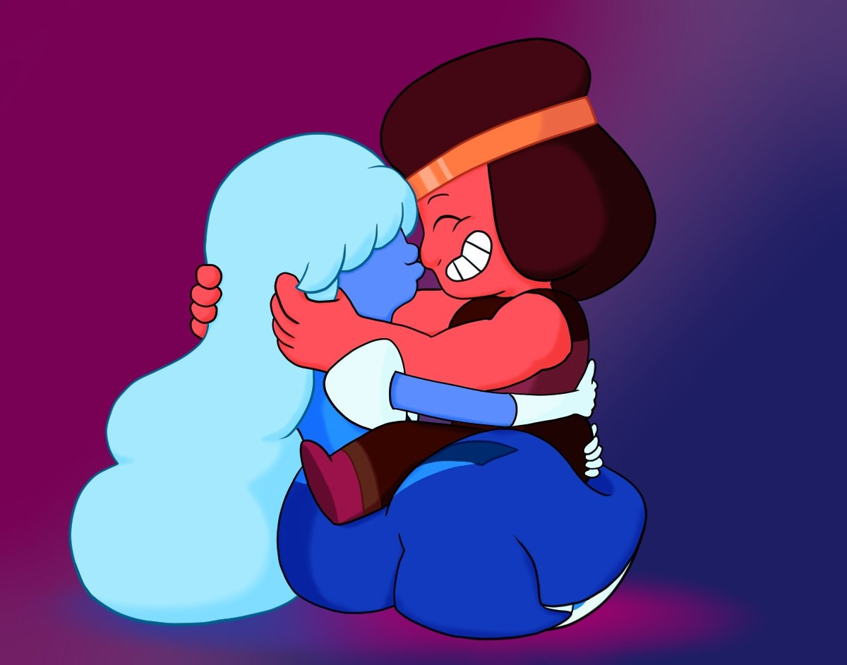 Digital fanart of Ruby and Sapphire from "Steven Universe". Sapphire is holding Ruby in her lap while kissing her nose. Ruby smiles because she loves her wife.