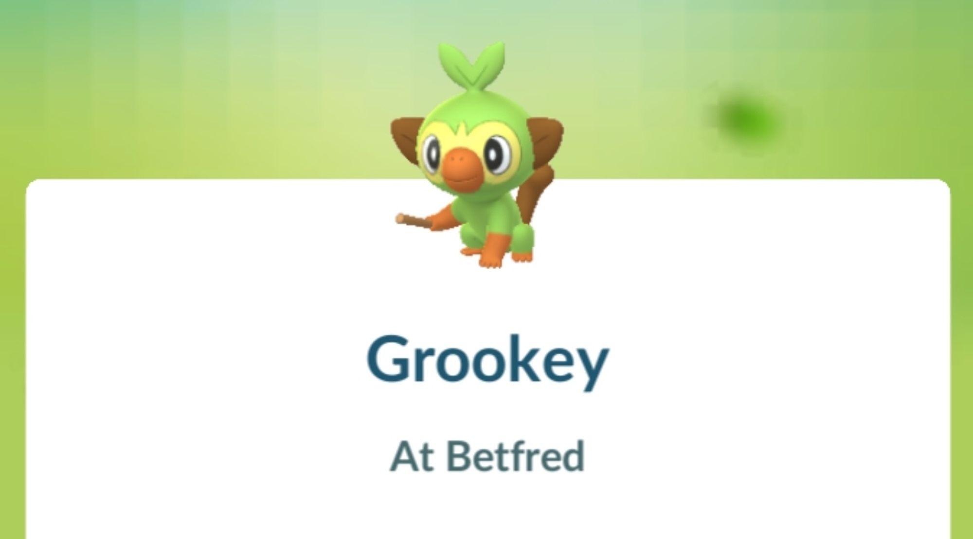 screenshot of Pokémon GO showing a Grookey that says "At Betfred"