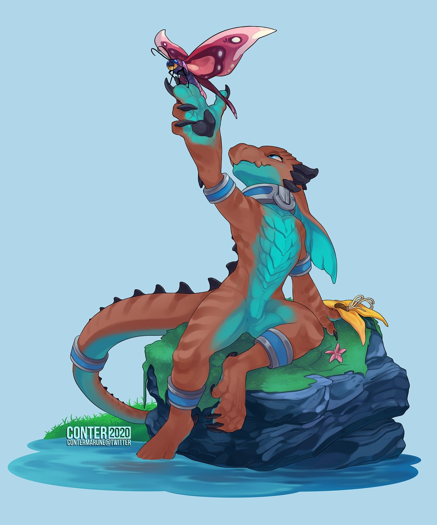 An orange-scaled kobold with a cyan belly sitting on a rock and reaching upwards to allow a strange butterfly/dragonfly hybrid insect to land atop her fingers.