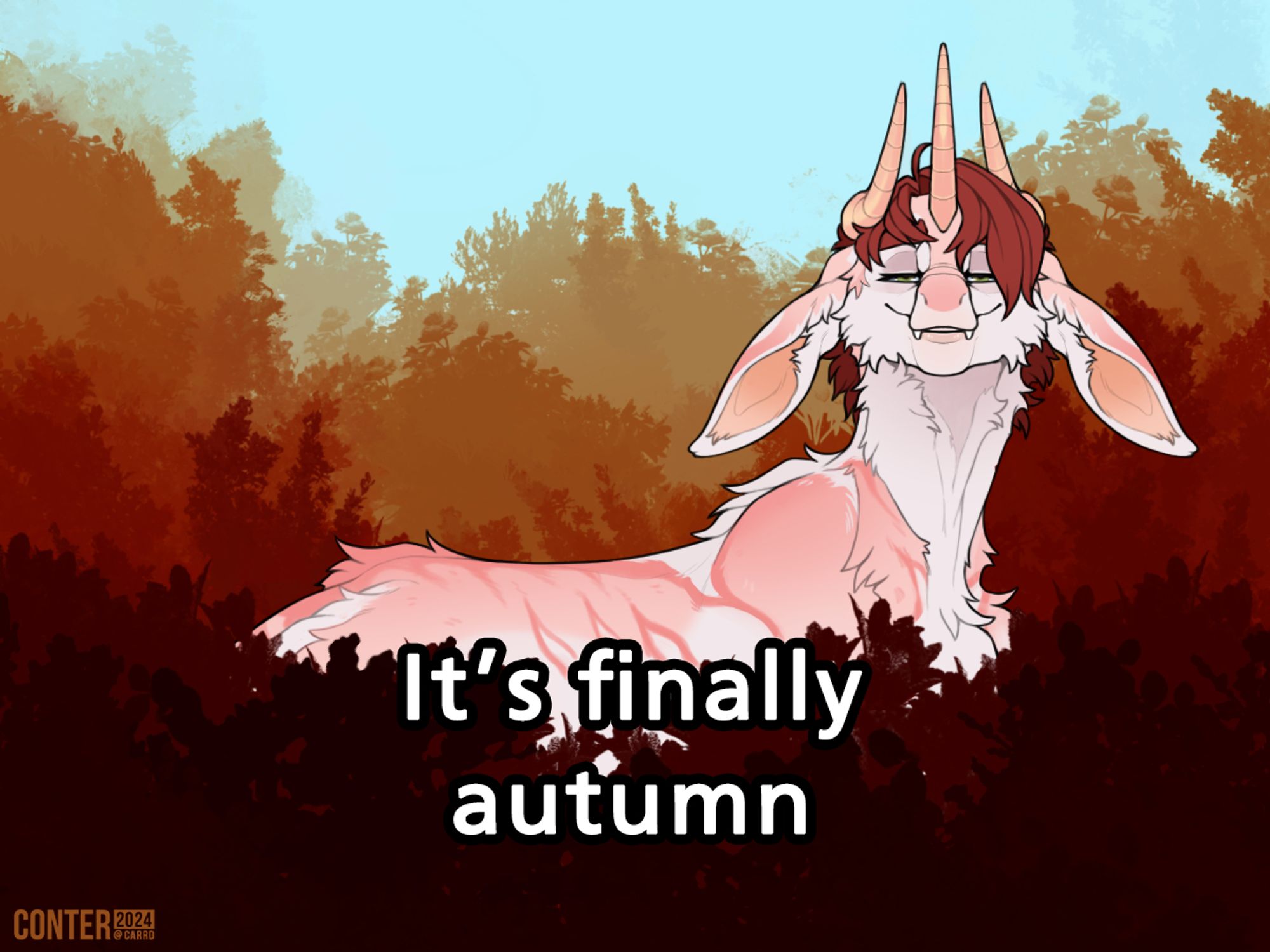 A fluffy dragon with three horns chilling in a field of autumn leaves with the text "It's finally Autumn" under him. Based on a similar image Paleopunk made here; https://bsky.app/profile/paleopunk.bsky.social/post/3l4wrxlhd5423