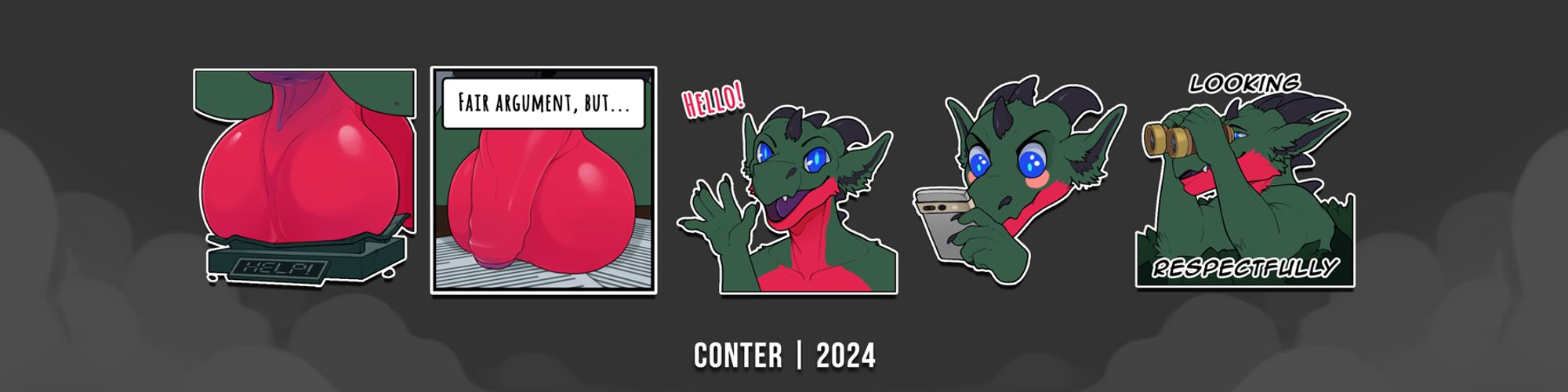 A collection of telegram stickers featuring a dragon anthro dragon.

The first one depicted their nuts crushing a scale with the text 'help' shown up on the screen.

The second shows the same character's nuts on a stack of papers laid out on a desk with the text 'Fair argument, but.."

The third shows the dragon waving at the viewer with the text "Hello!"

Fourth shows the dragon looking at their phone with an angry expression and a blush on their cheeks.

The fifth and final sticker shows the dragon with binoculars and text saying "Looking respectfully".