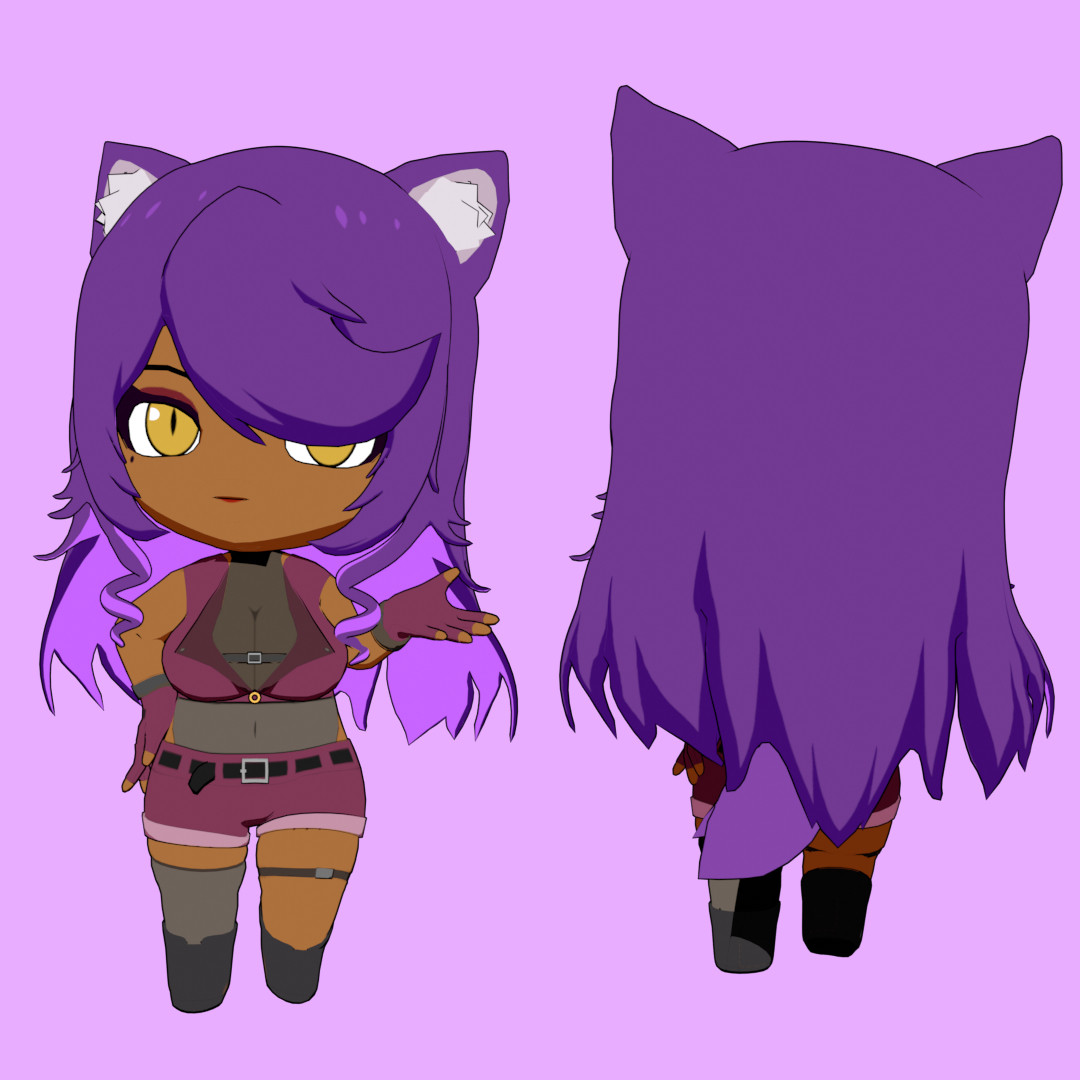 Dark skin, purple haired cat girl chibi 3D model with a red biker outfit