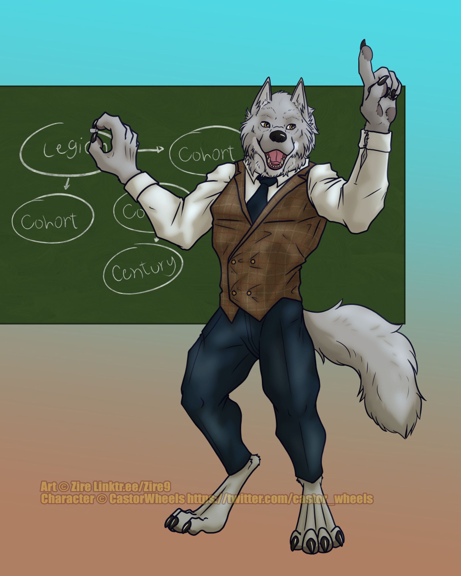 Happy werewolf professor in a dowdy brown vest and tie, writing on the chalkboard and diagramming the Roman army structure.