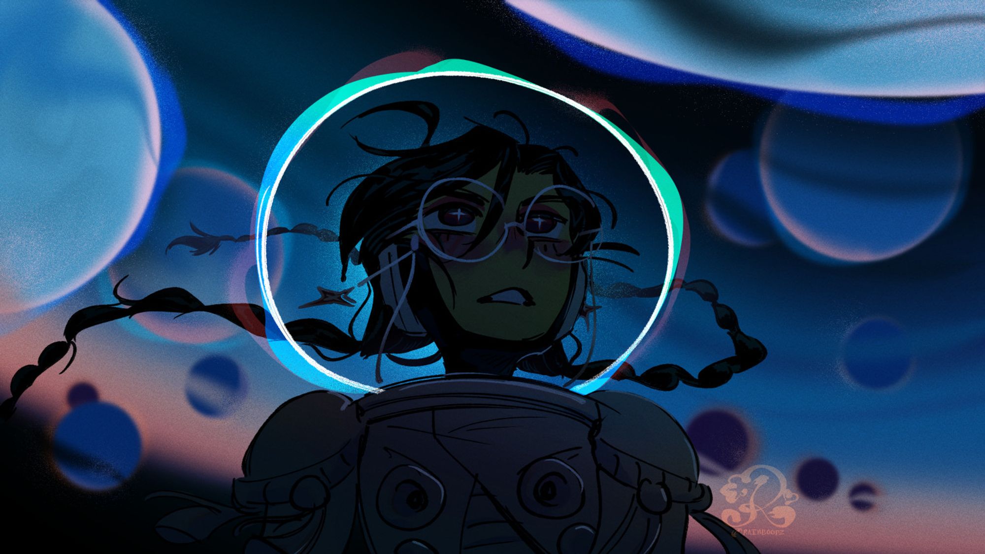 Ina is shrouded in the darkness of the universe as she stares out in wonder. Her helmet halo is a blue-green color. Behind her are dream bubbles similar to planets glowing, and in the distance is the dust of the universe grazing over the bubbles. It is an gradient of dark blue to light dusty orange.