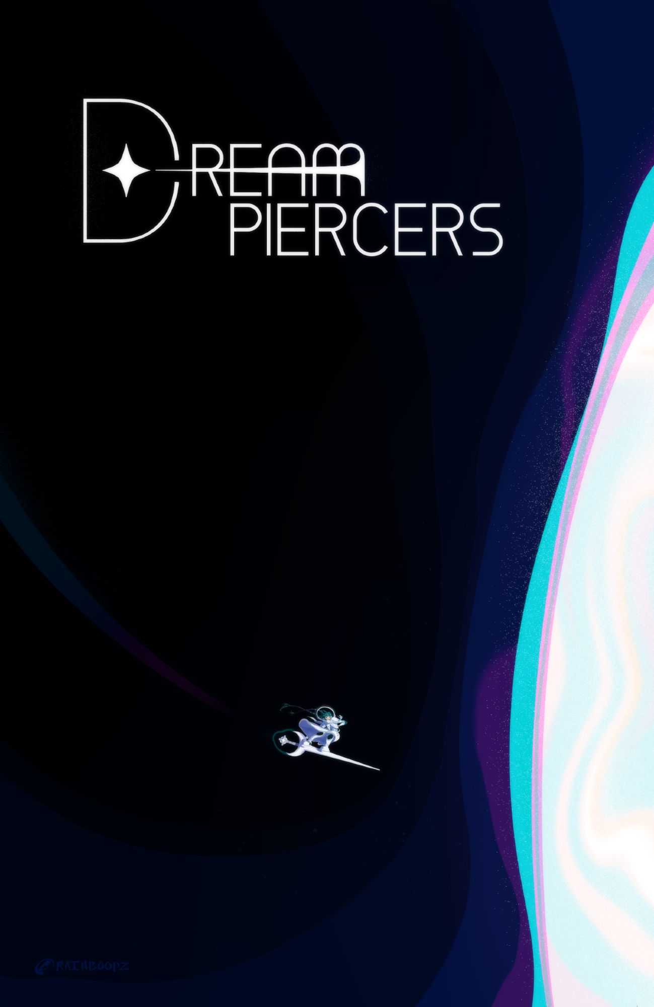 The title says, "Dream Piercers". A lone girl in a fantasy space outfit rides on her lance into a giant glowing orb.