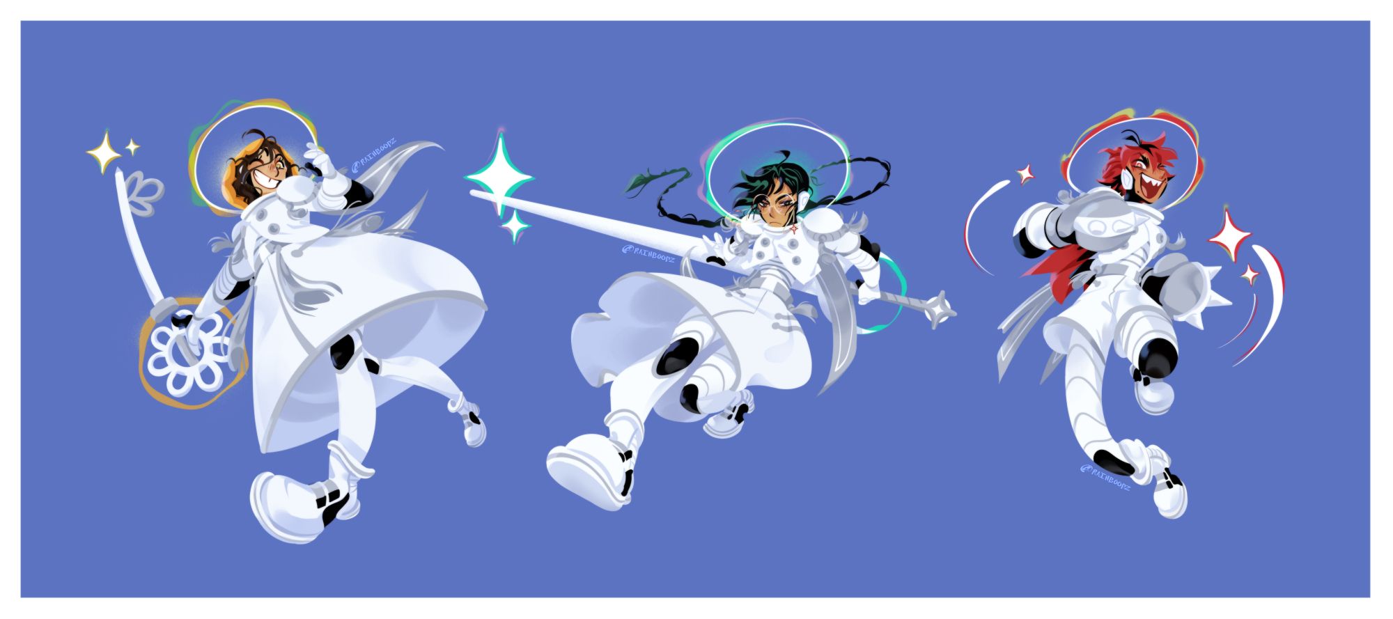 3 designs of the same kids in half fighter half astronaut themed outfits. Their helmets are more like glowing halos, and their weapons have sparkles on them. Suha's attire version is a bell dress and has a giant key, Ina's is a normal dress and has a jousting lance, and Auburn has shorts with spiked boxing gloves.