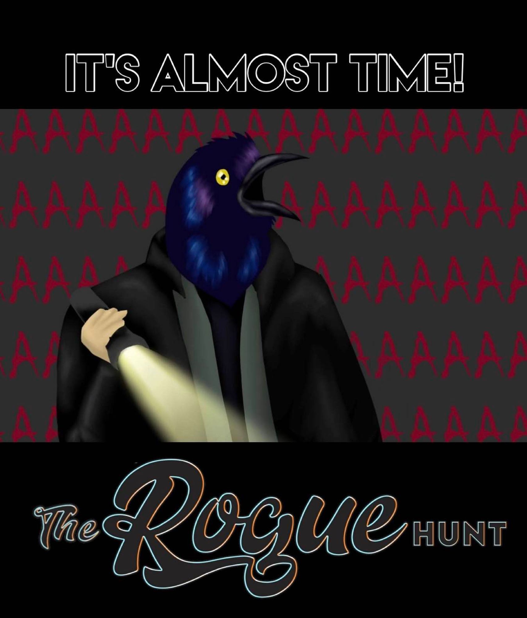 Digital art of a raven as Jensen Ackles / Dean Winchester screaming in fright while holding a flashlight. Text reads It's Almost Time: The Rogue Hunt.