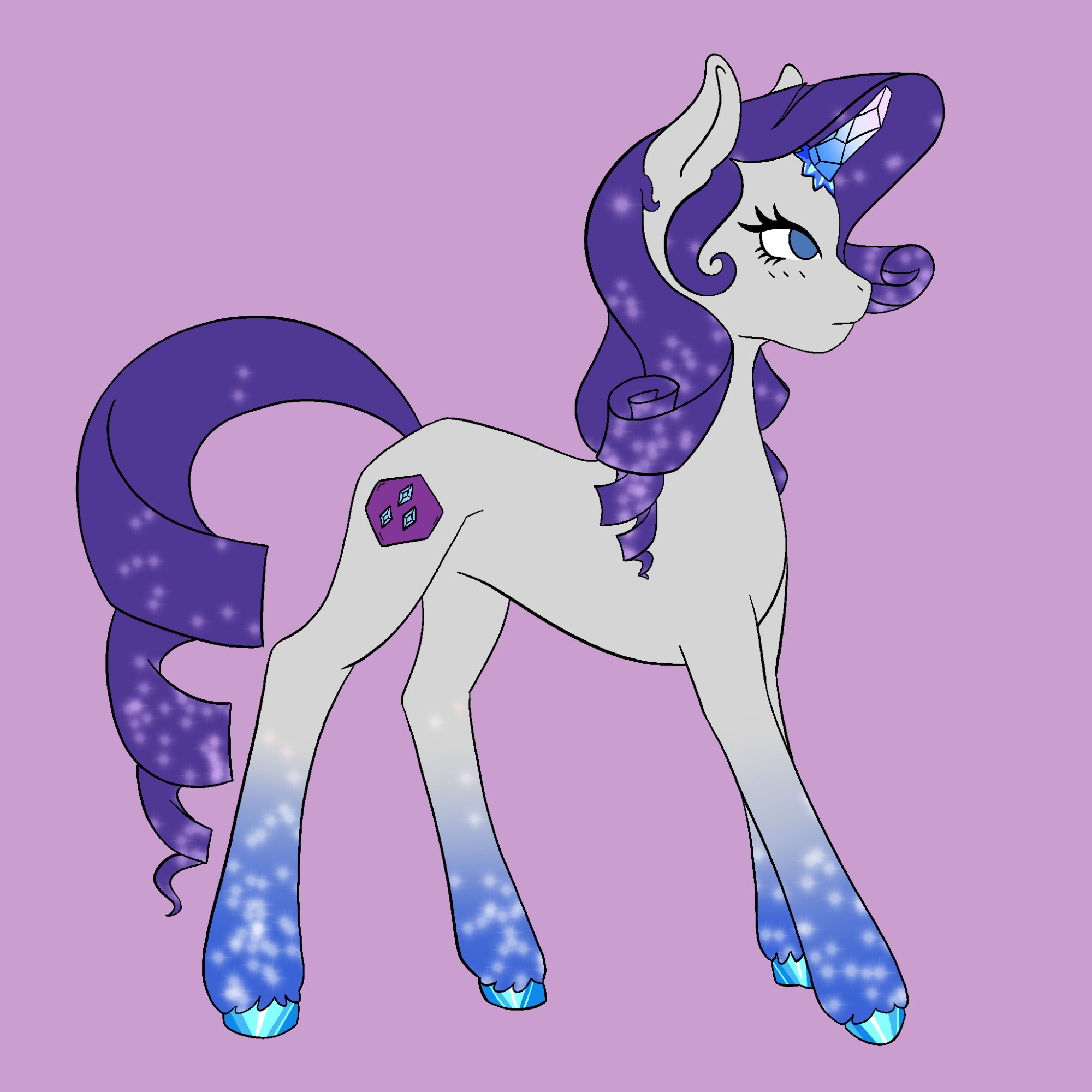 Rarity from my little pony as an Auroricorn. Her legs have a white to blue gradient with sparkles, and her hooves are a lighter blue with a pattern meant to make them look shiny. Her mane and tail has sparkles at the bottom as well. Her horn is geometric and has a gradient from blue at the base to a light pink at the top.