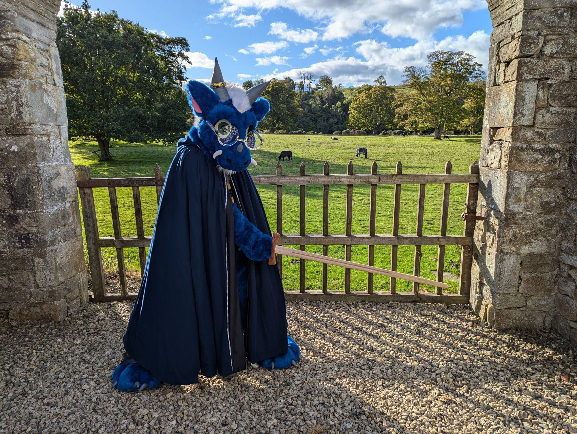 Blue dragon fursuiter Doran stands guard at a castle gateway with a green field behind him, wearing a blue cloak and brandishing a wooden longsword.