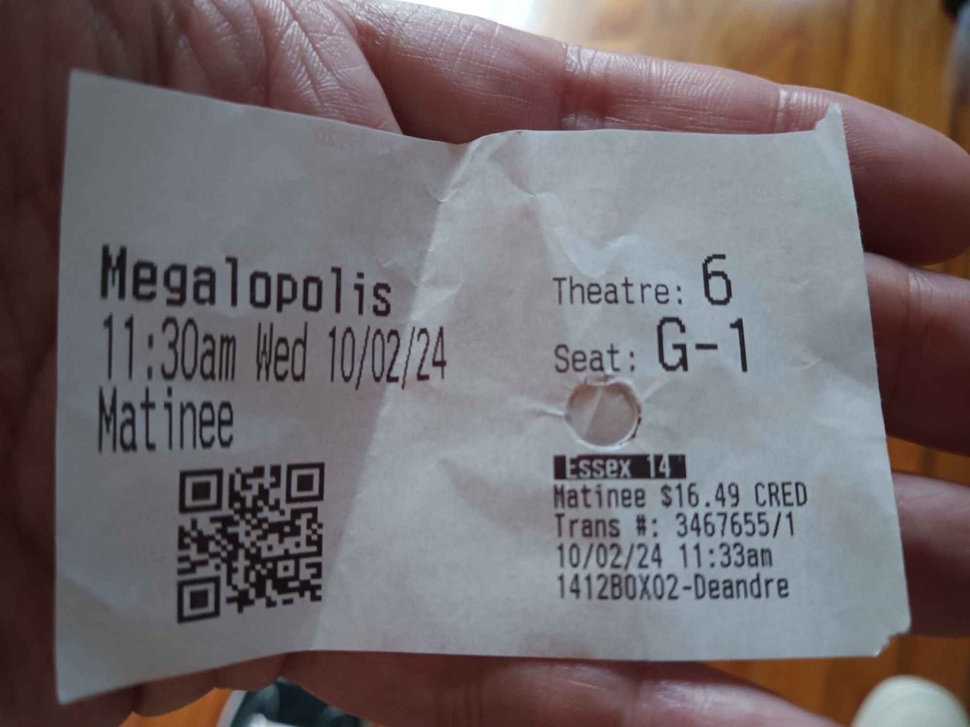 an 11:30am ticket for Megalopolis