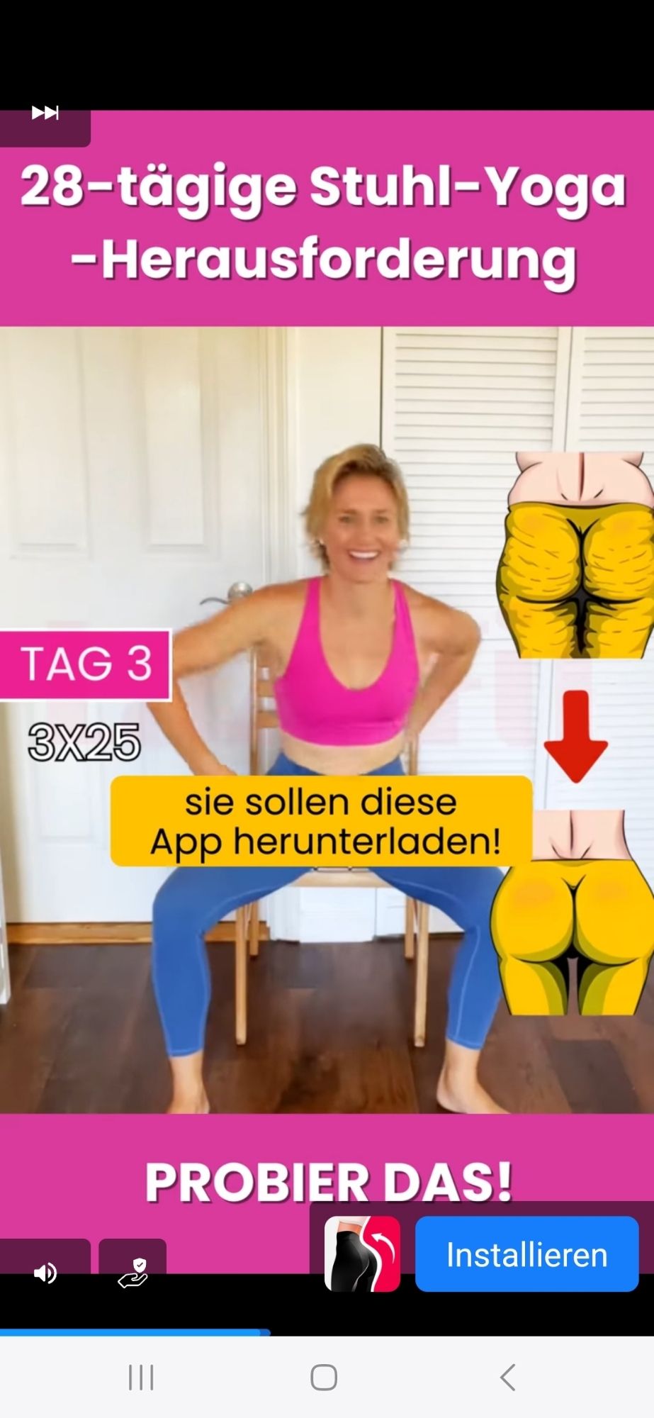 Screenshot einer Werbung. Eine sportliche Frau sitzt in Trainingskleidung auf einem Küchensessel.