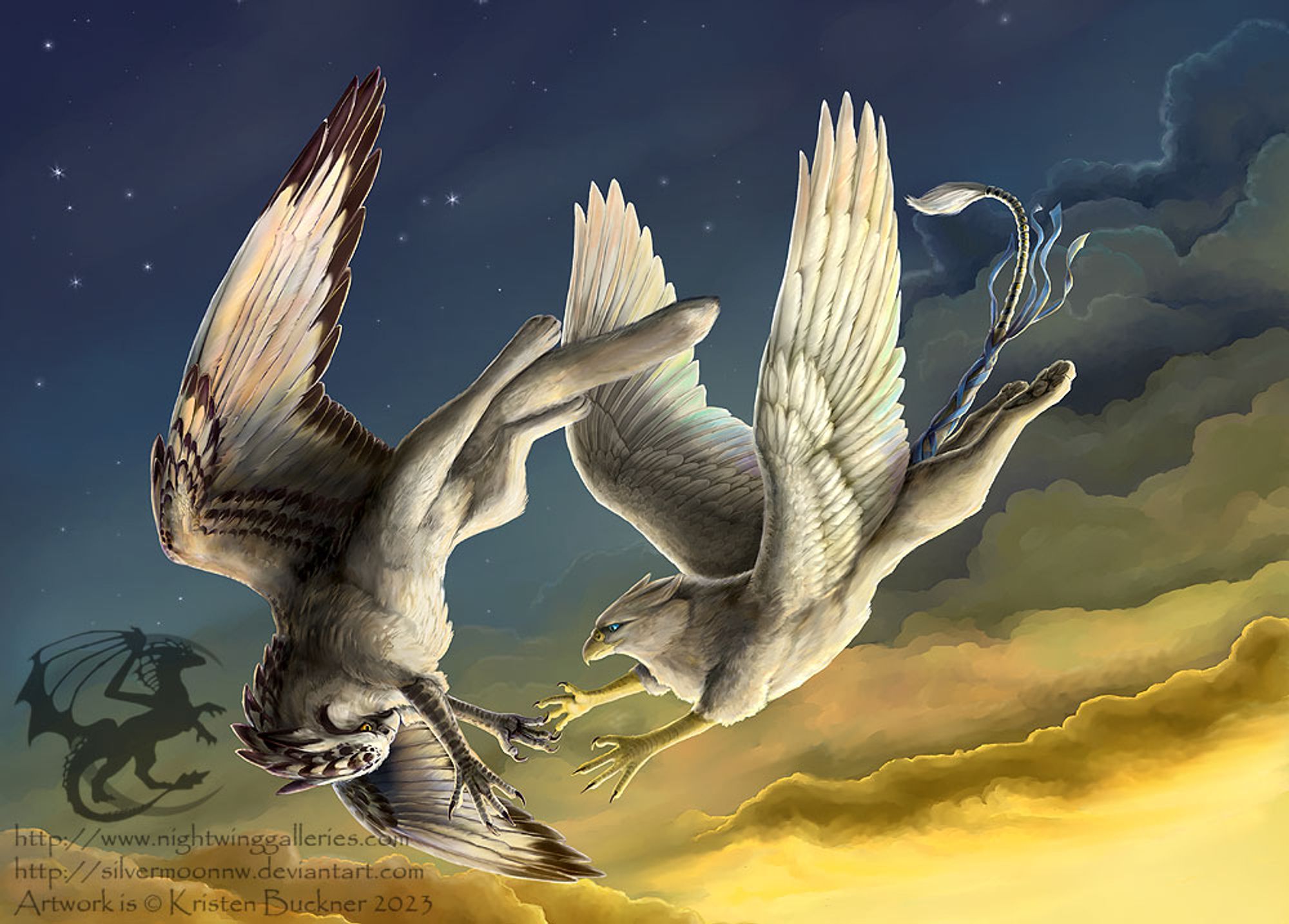 Image is a digital painting of the pair of white and black gryphons flying against a sunset sky. The one on the left is falling with an outstretched arm, reaching for the other as if to catch her as she spirals out of control. Image title is Never Gonna Let Go