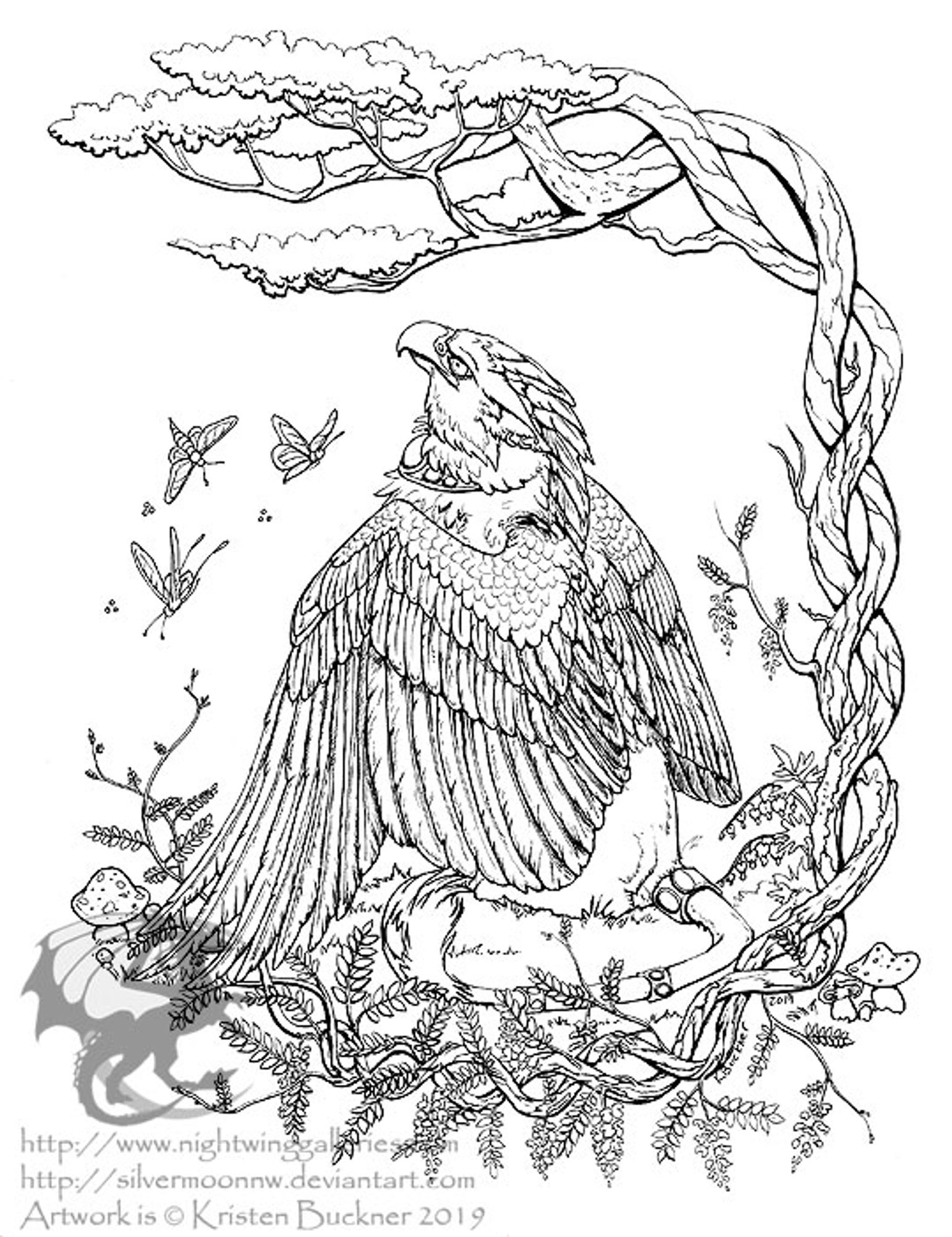 Image is a black and white line art drawing of a gryphon sitting facing away, surrounded by wisteria vines, mushrooms and various insects. Image title is Wisteria Gryphon