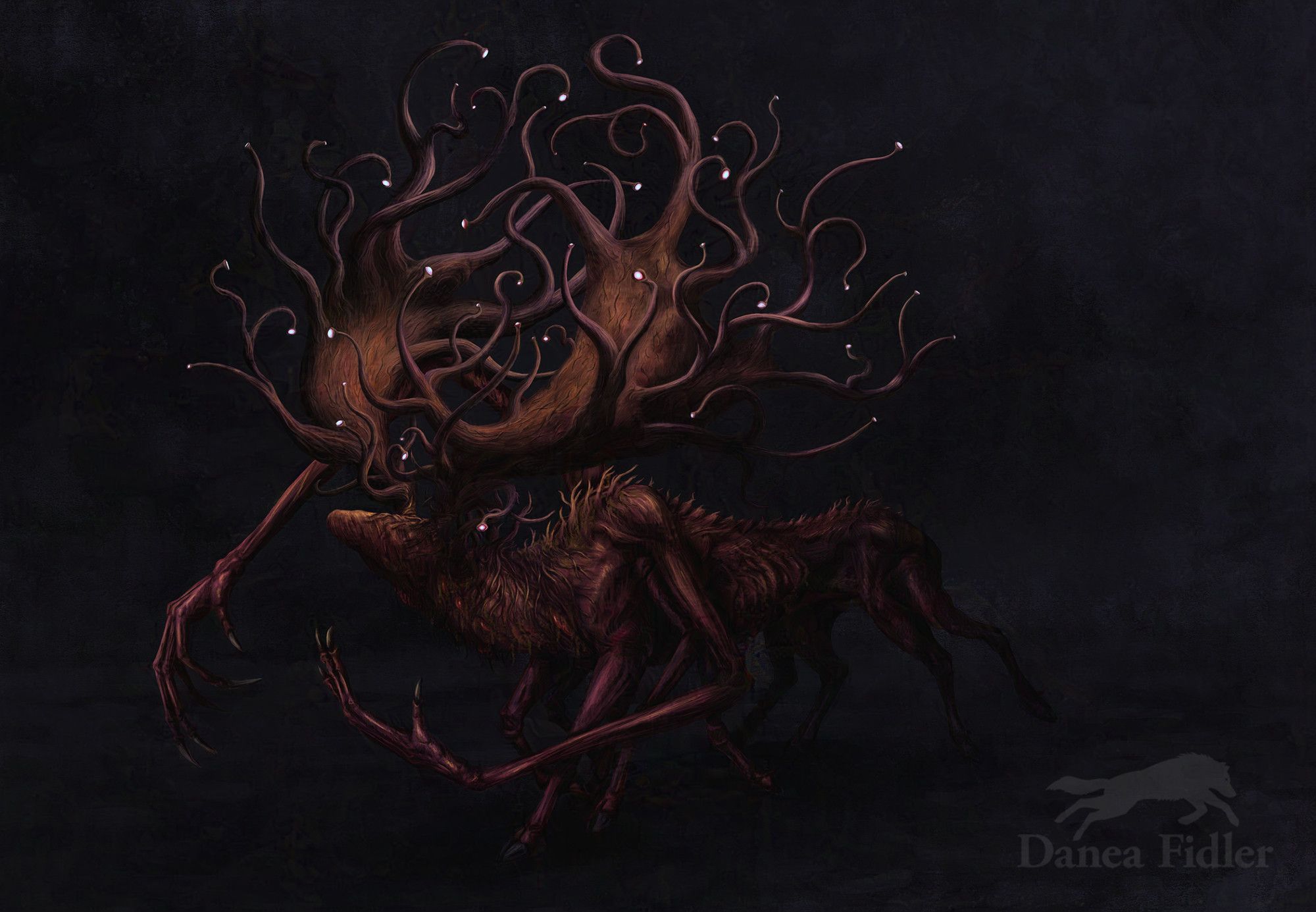 Flesh colored elk horror creature with 10 elk legs, massive antlers like tree branches tangling with glowing eyes at the end of branches of antlers, no facial features, and two large human arms protruding from its shoulders. Creature is very thin with ribs showing and tree roots growing from antlers across back of neck and back. 7 large red amber bubbles are on side of neck/body.