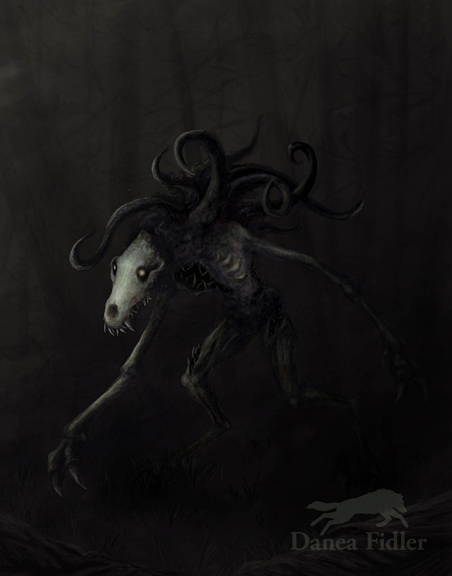 Eldritch long limbed humanoid creature with a wolf skull as a head with many teeth, mouths with sharp teeth covering its body, and tentacles protruding from black mist on its back.