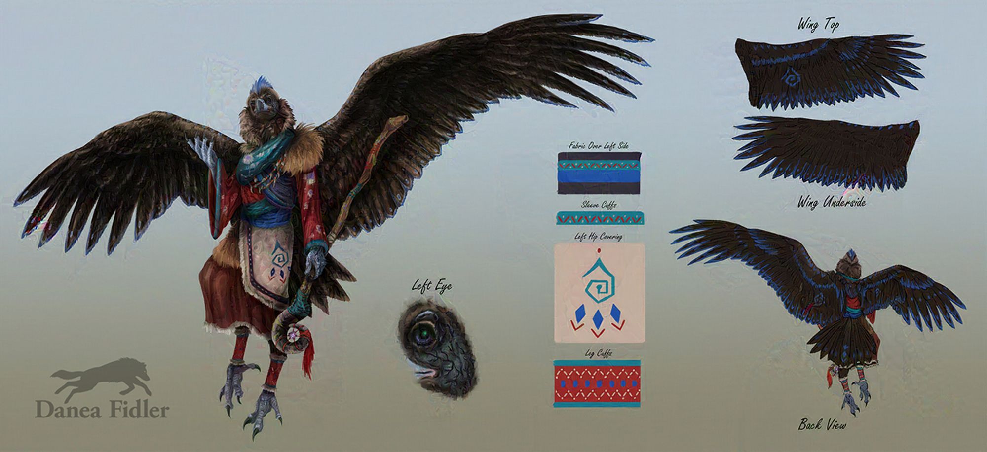 Bipedal humanoid non-binary cinerous vulture based character design. Character is flying in a “standing pose” with wings out, looking at the viewer with right hand up and holding a staff in left hand. Character has blue mohawk on top of head, red kimono-like top with white/purple flower designs and teal cuffs. Red top is then wrapped in teal, purple, and blue fabric around torso and waist (like belts). Right sleeve is a bell sleeve, while left one is regular. Left shoulder is covered in brown fur. They then have a deep red skirt with white fur lining the bottom. Right hip is covered in brown fur and left has a tan shawl covering lined with white fur with patterns. Shawl patterning has a purple line around edges outlined in red with tan stitching in center of purple and a symbol in the center of the shawl with teal triangle/ spiral, blue diamonds, red dot and red arrows to look a bit like a bird foot. Ankles have red and teal leg cuffs lined with white fur.