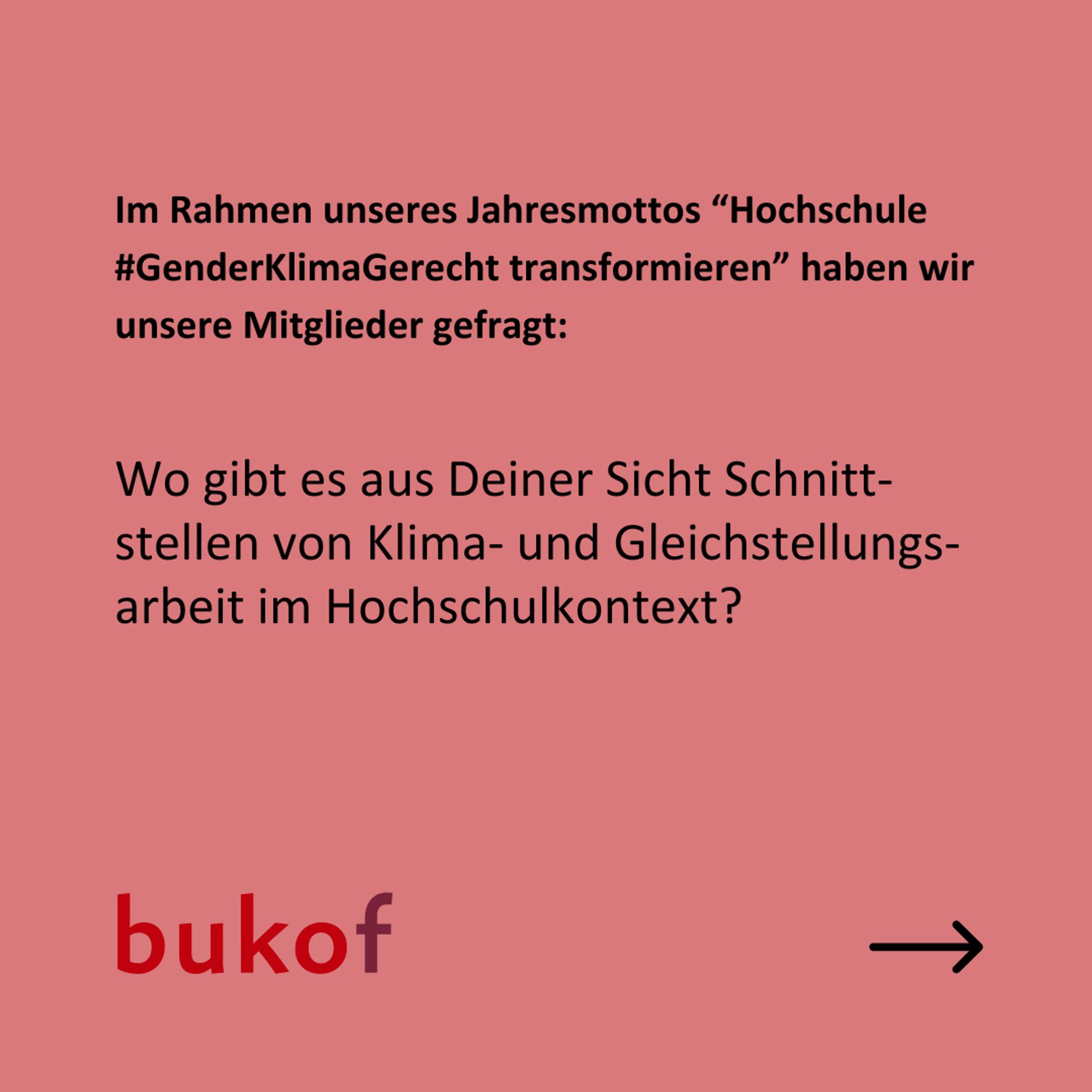 Es steht in schwarzer Schrift auf rosa Hintergrund: Im Rahmen unseres Jahresmottos “Hochschule #GenderKlimaGerecht transformieren” haben wir unsere Mitglieder gefragt: Wo gibt es aus Deiner Sicht Schnitt-stellen von Klima- und Gleichstellungs-arbeit im Hochschulkontext?