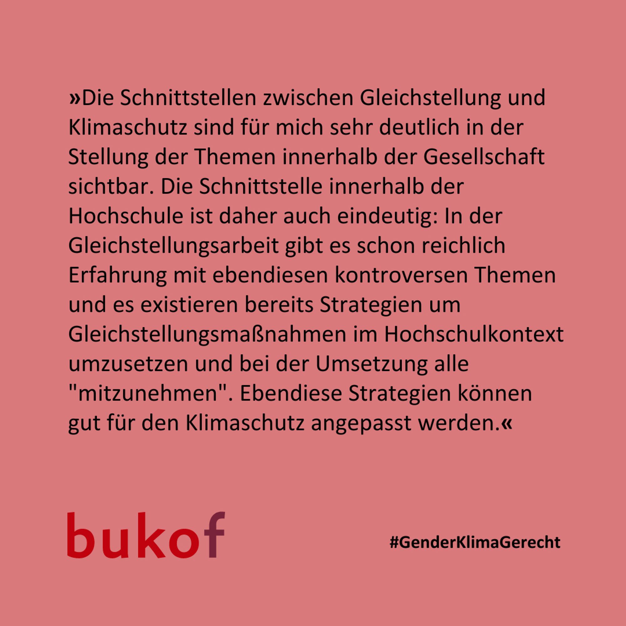 Es steht in schwarzer Schrift auf rosa Hintergrund: »Die Schnittstellen zwischen Gleichstellung und Klimaschutz sind für mich sehr deutlich in der Stellung der Themen innerhalb der Gesellschaft
sichtbar. Die Schnittstelle innerhalb der Hochschule ist daher auch eindeutig: In der Gleichstellungsarbeit gibt es schon reichlich Erfahrung mit ebendiesen kontroversen Themen und es existieren bereits Strategien um Gleichstellungsmaßnahmen im Hochschulkontext umzusetzen und bei der Umsetzung alle "mitzunehmen". Ebendiese Strategien können gut für den Klimaschutz angepasst werden.«