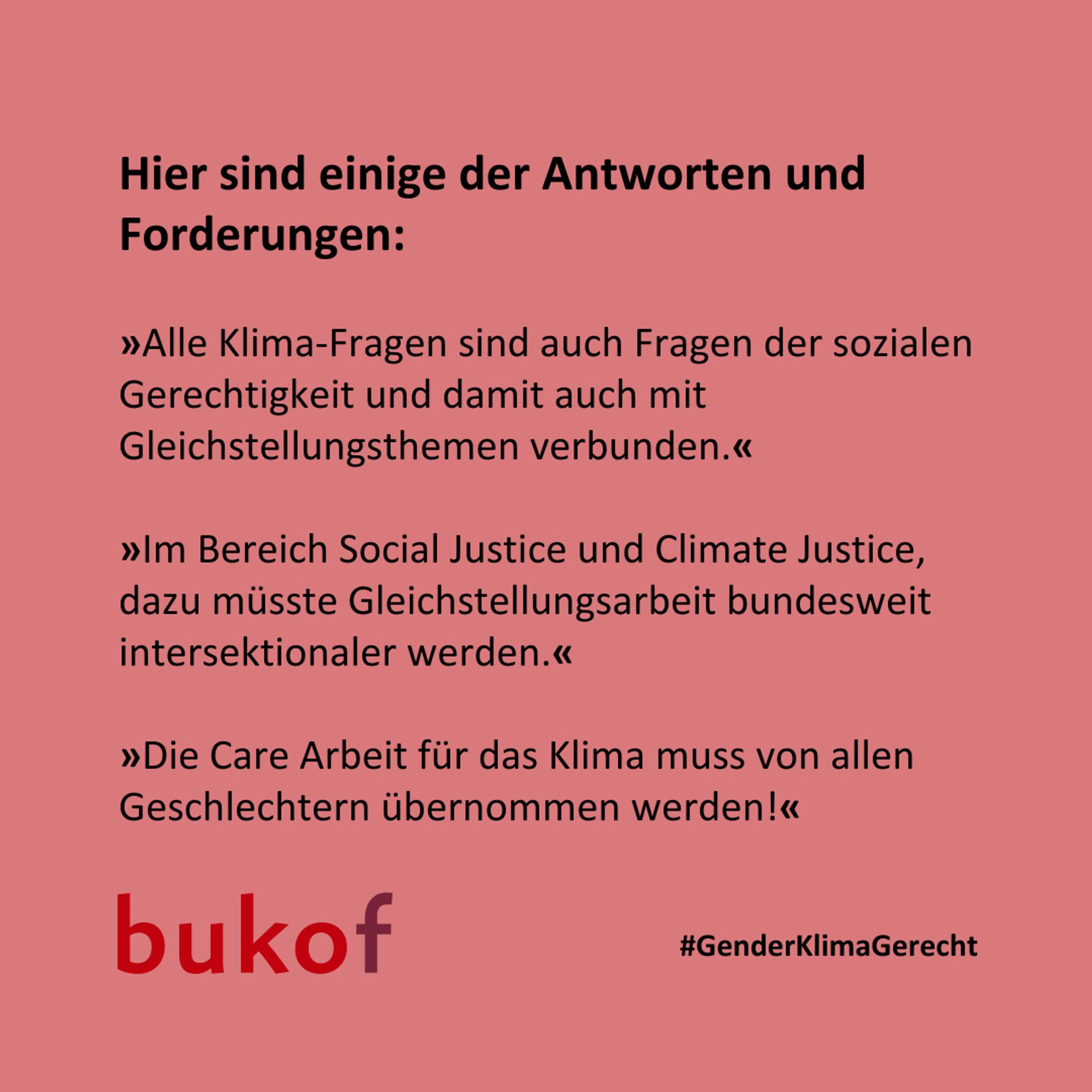 Es steht in schwarzer Schrift auf rosa Hintergrund: Hier sind einige der Antworten und Forderungen:

»Alle Klima-Fragen sind auch Fragen der sozialen Gerechtigkeit und damit auch mit Gleichstellungsthemen verbunden.«

»Im Bereich Social Justice und Climate Justice, dazu müsste Gleichstellungsarbeit bundesweit intersektionaler werden.«

»Die Care Arbeit für das Klima muss von allen Geschlechtern übernommen werden!«