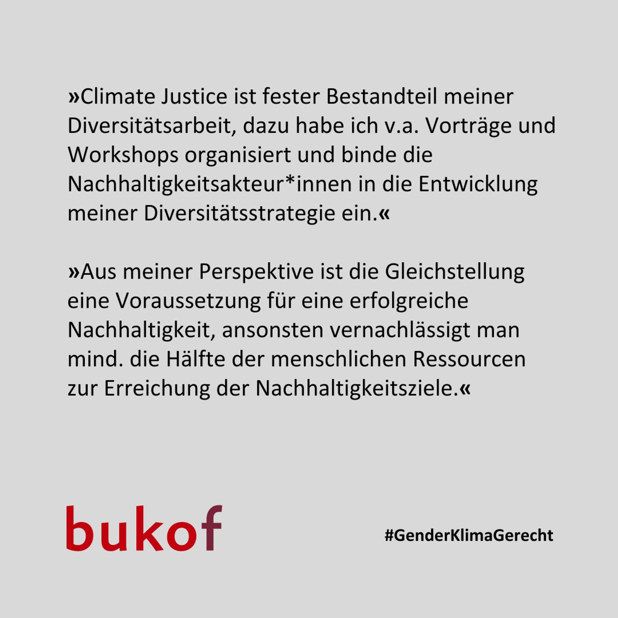 »Climate Justice ist fester Bestandteil meiner Diversitätsarbeit, dazu habe ich v.a. Vorträge und Workshops organisiert und binde die Nachhaltigkeitsakteur*innen in die Entwicklung meiner Diversitätsstrategie ein.«

»Aus meiner Perspektive ist die Gleichstellung eine Voraussetzung für eine erfolgreiche Nachhaltigkeit, ansonsten vernachlässigt man mind. die Hälfte der menschlichen Ressourcen zur Erreichung der Nachhaltigkeitsziele.«