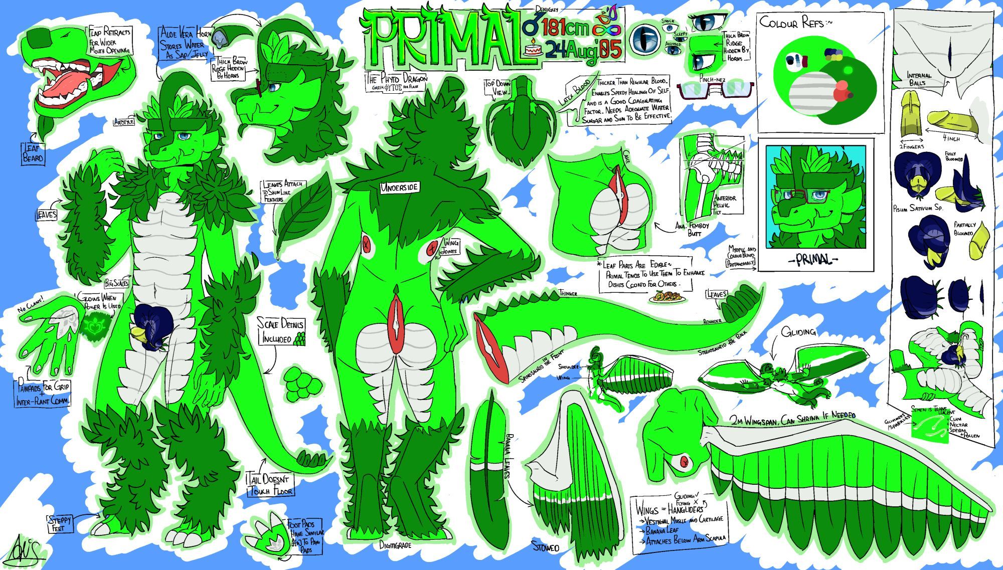 Refsheet of my character Primal. He is a green phytodragon. The refsheet features various different perspectives of his body. This includes wings, horns, maw, tail, butt, and flower anatomy.