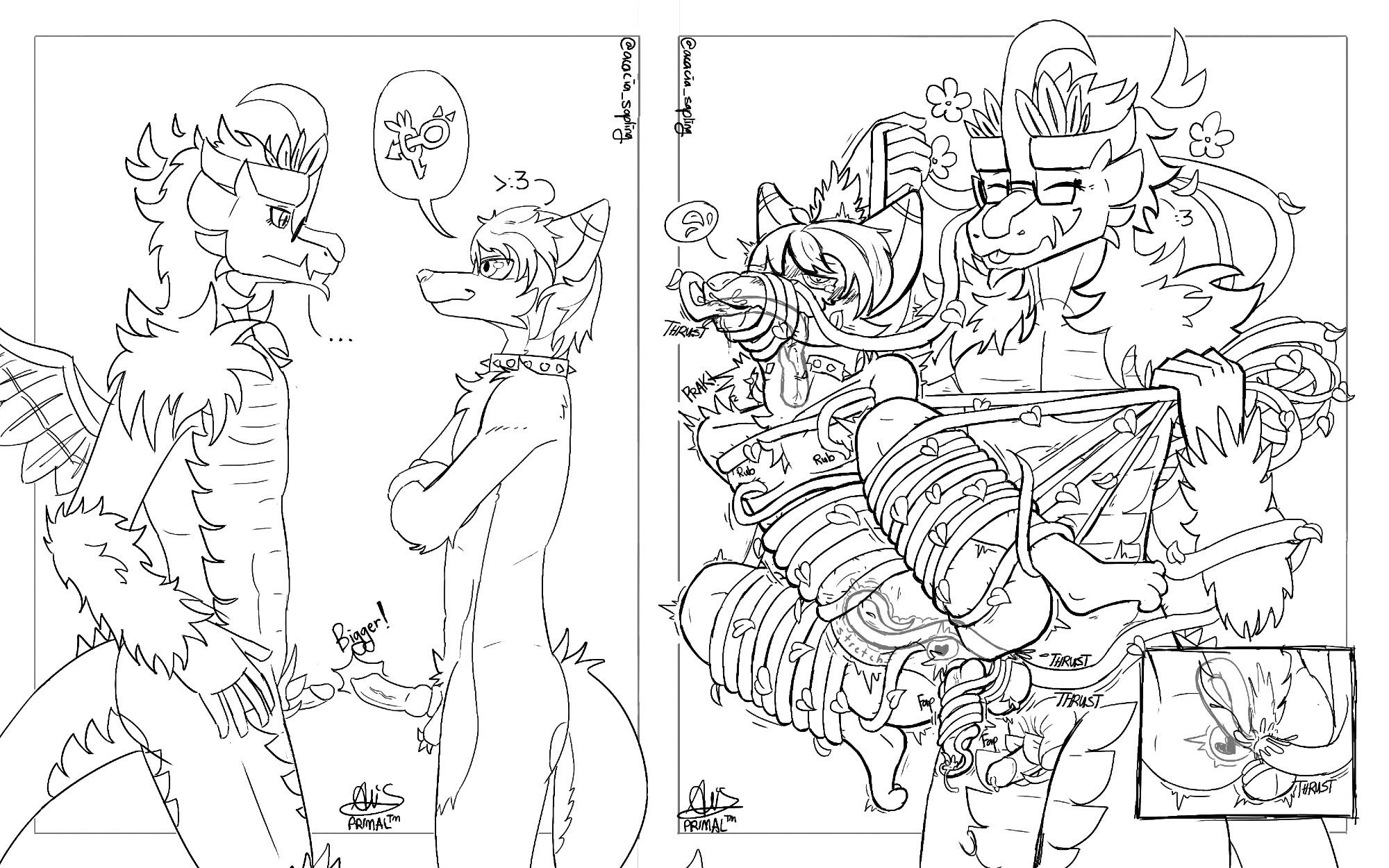 Two panel black and white image. In the first image, Fenneckyo smugly instructs Primal to sub for him due to having a smaller package. In the second, Primal dominates Fenneckyo with their vines while Fenneckyo is wrapped up in bondage while vines prod his orifices.