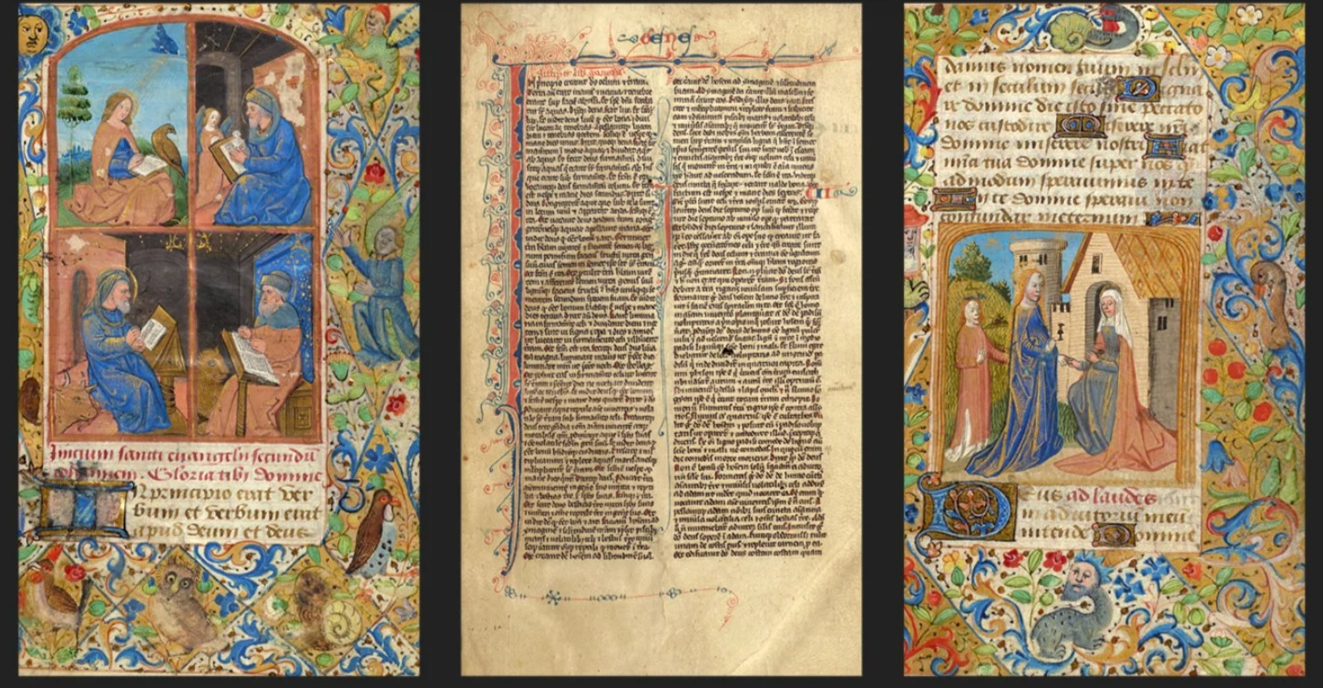 Three pages of mediaeval manuscripts, two outermost leaves highly decorated and central leaf text.
Right hand depicts The Visitation preceding Lauds in the Hours of the Virgin a Book of Hours from northern France (perhaps Rouen) dating from about 1480 to 1500. PHOTO: DUNEDIN PUBLIC LIBRARY