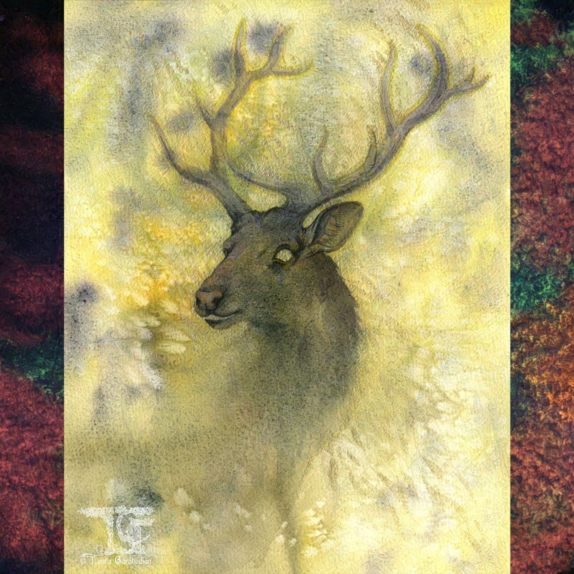 watercolor portrait painting of a stag fading into abstraction in shades of golds and greys