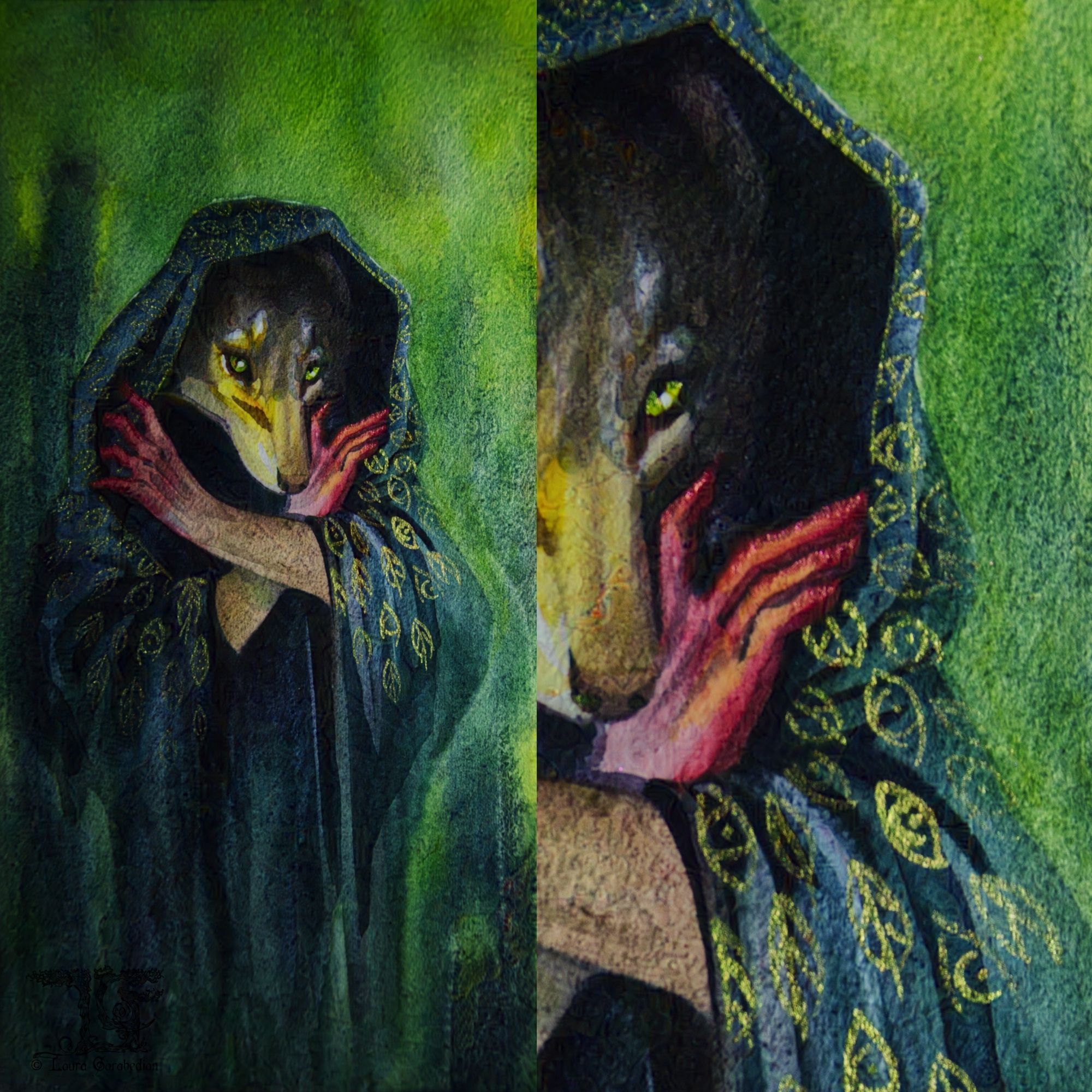 watercolor painting of a wolf headed figure with red hands in a cloak with eye/feather motif on an abstracted background of greens