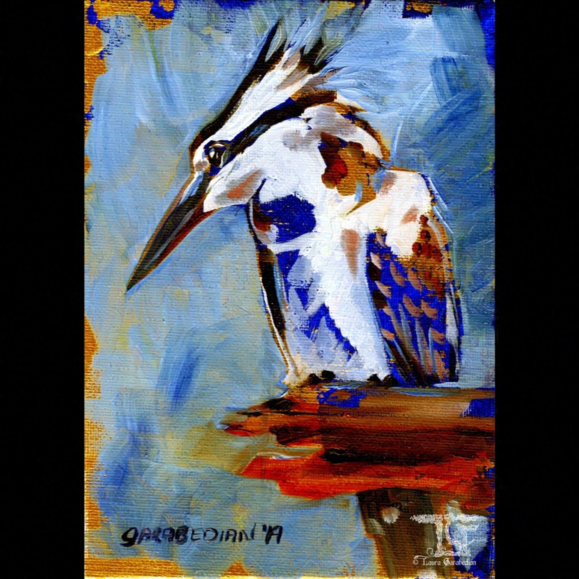 oil painting of a kingfisher on an abstracted blue and gold background