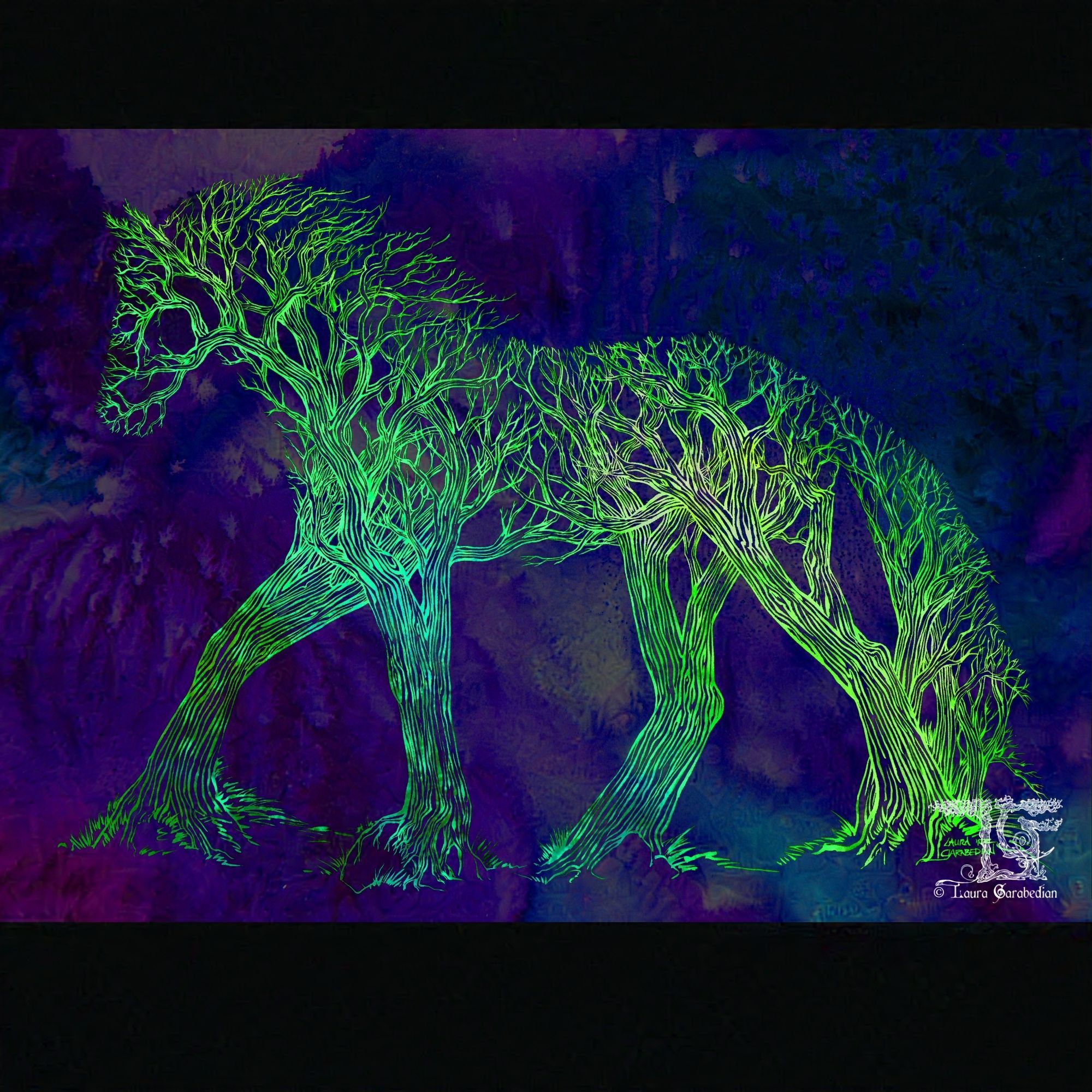 Art of a horse silhouette made of trees in lime green on an abstracted background of purples