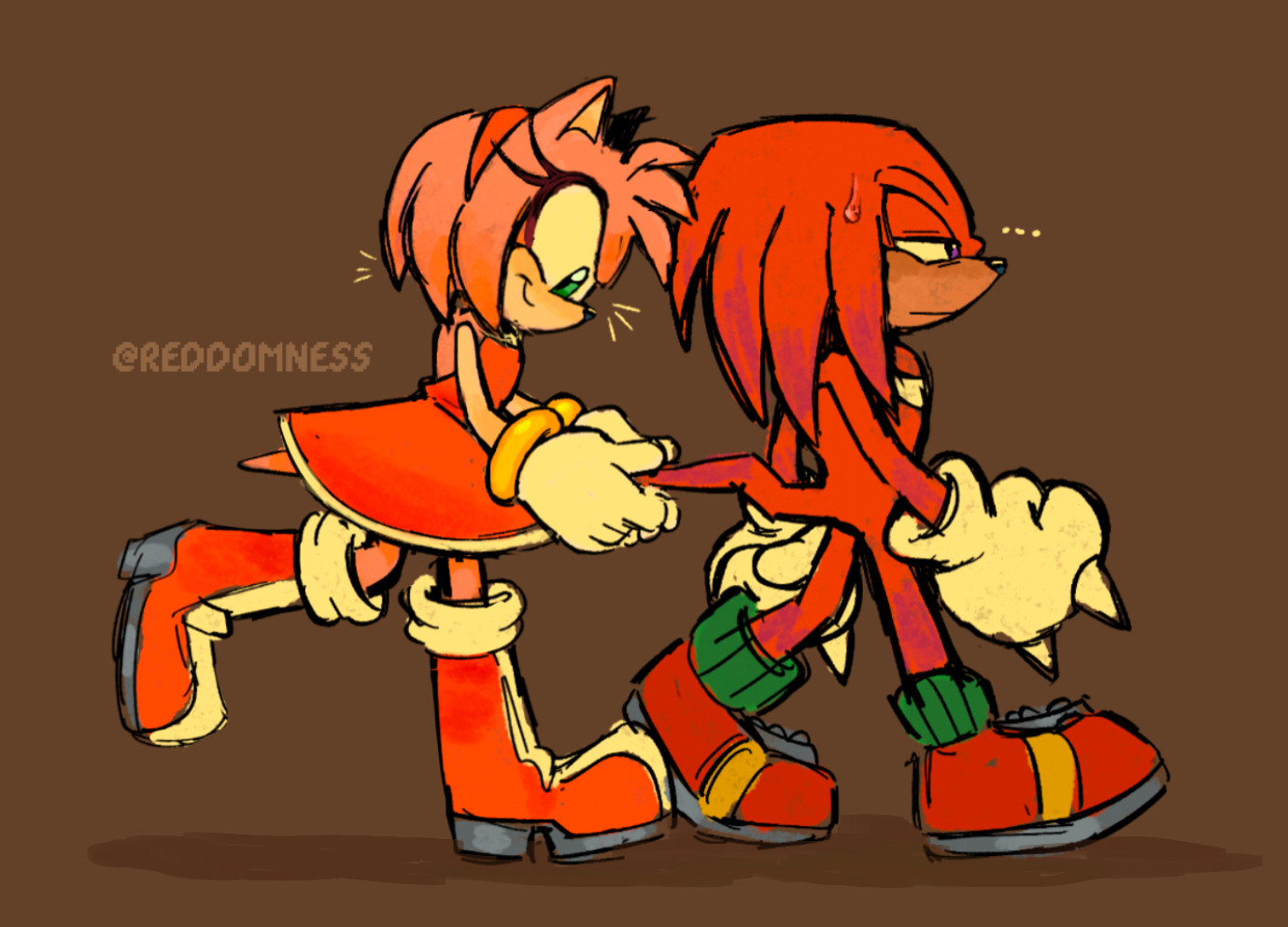 Amy follows behind knuckles while grabbing his tail (based on a video)