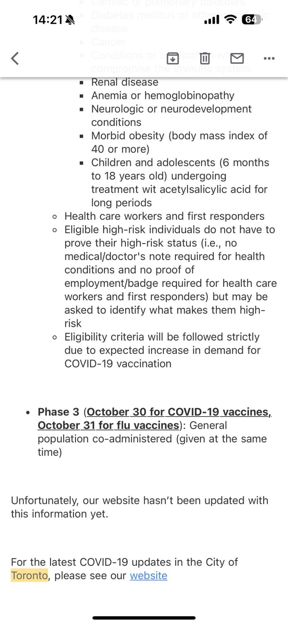 Image of update from Toronto Public Health re Covid boosters