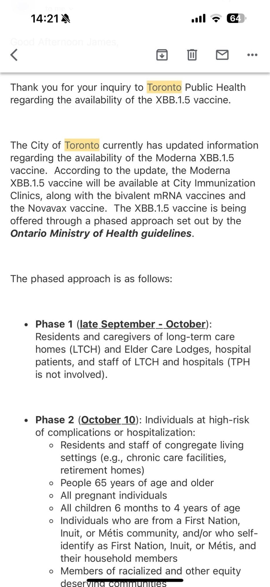 Image of update from Toronto Public Health re Covid boosters