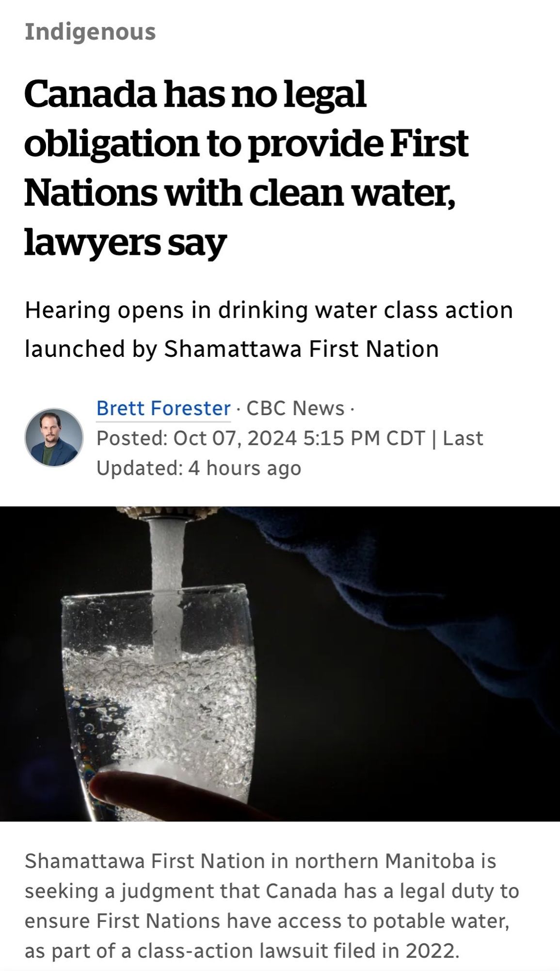 Headline from CBC News 

"Canada has no legal obligation to provide First Nations with clean water, lawyers say