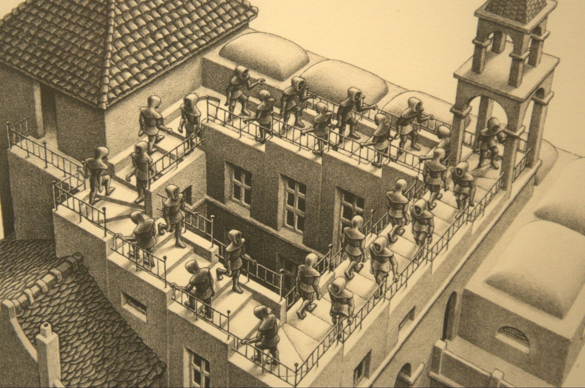 People walking clockwise and counter clockwise in this drawing. They walk in a never ending loop either "upstairs" or "downstairs". This is the magic of #M.C.Escher and his tricky world