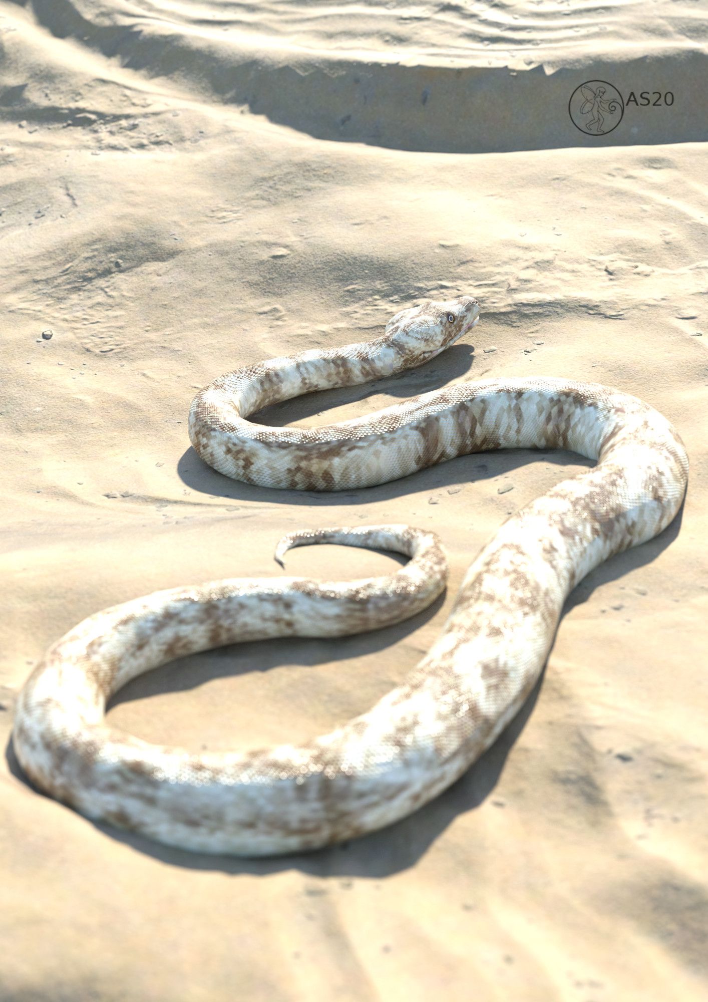 a snake in pale tones moving through the sand of a desert landscape

3d art