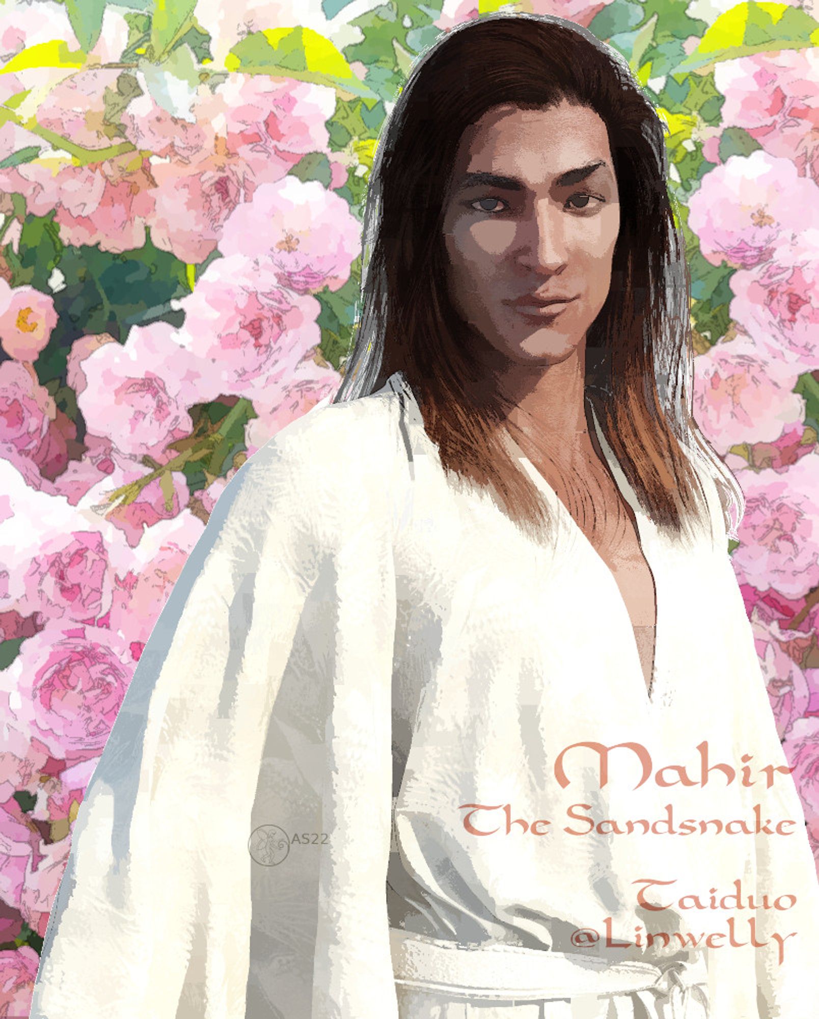 Mahir from my comic in a white kimono style clothing standing in front of a bush of pink roses

3d art with postwork in Gimp