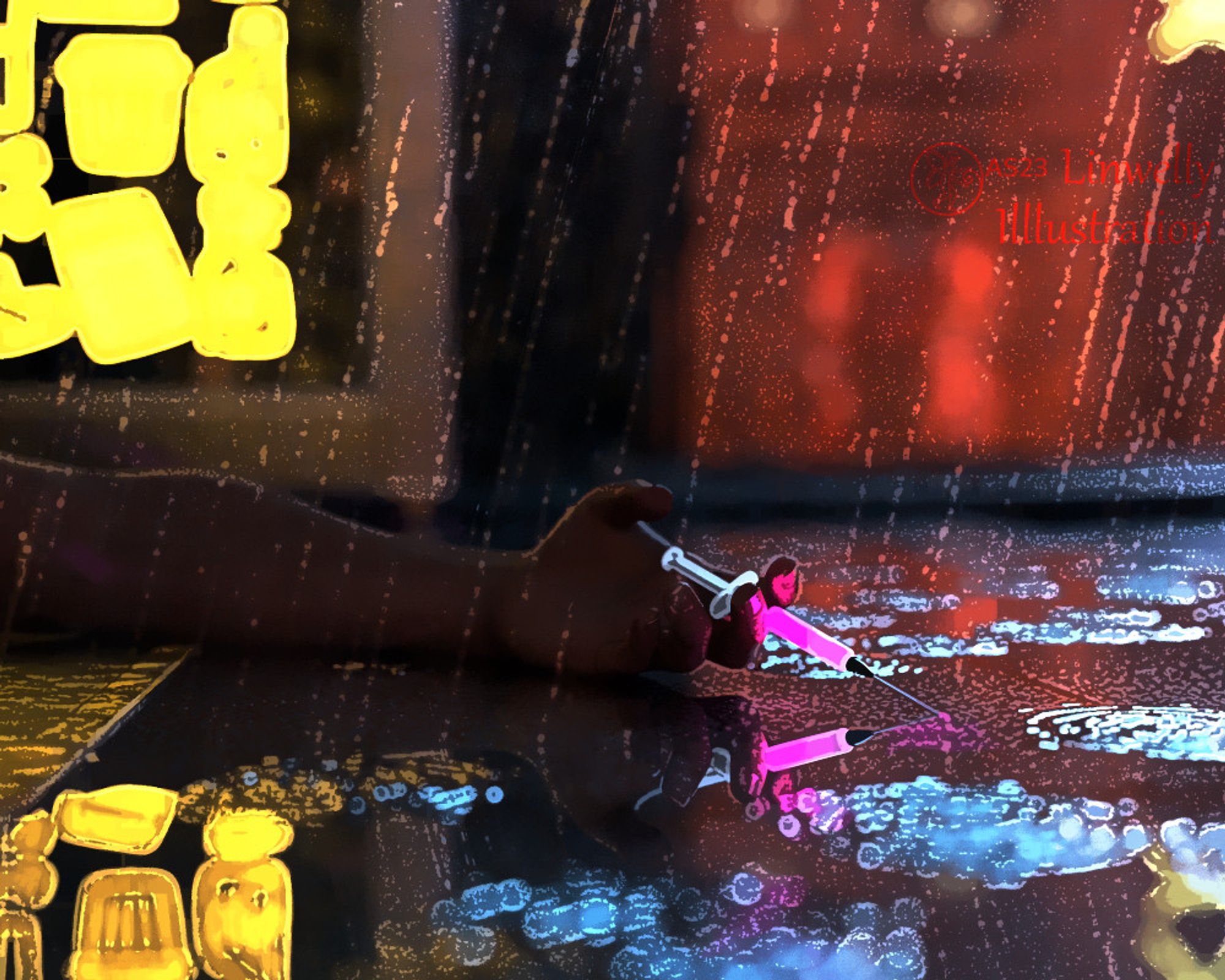 the arm or a person holding on to a syringe with glowing purple liquid lying on the floor in the puddles of the pourring rain. the neon lights reflect in the surfaces
3d art with postwork