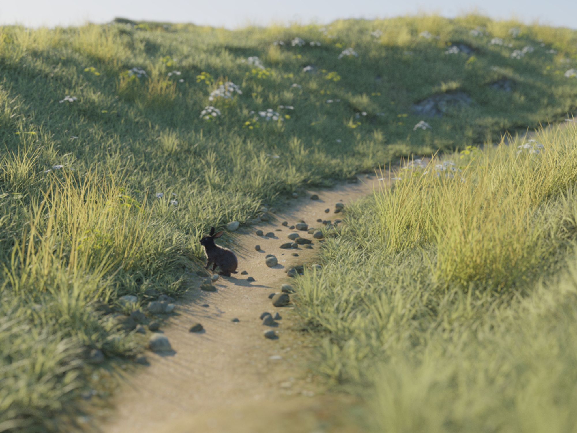 a rabbit sitting on the side of a path in a meadow, looking cautiously

3d art