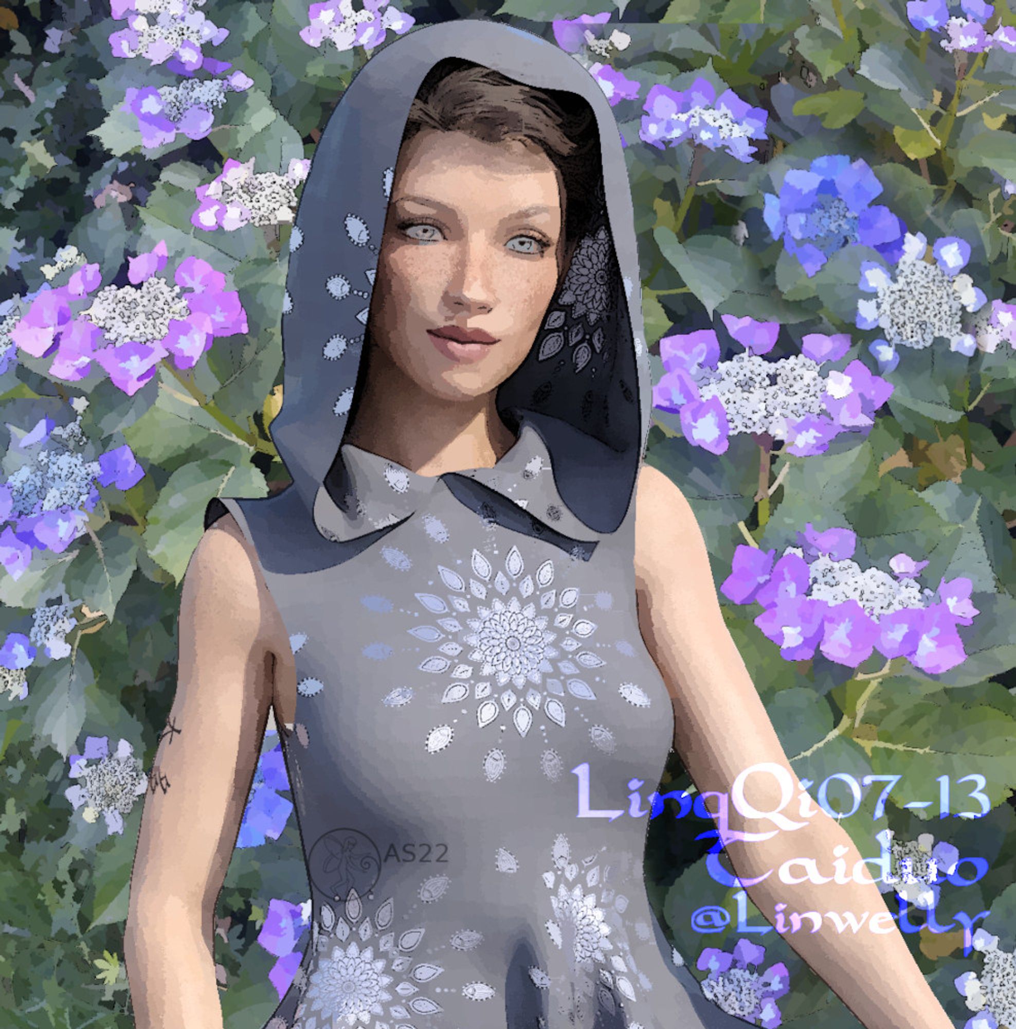 Lingqi from my comic in a greay dress with flower patterns standing in front of a bush of flowering hydrangea

3d art with postwork in gimp