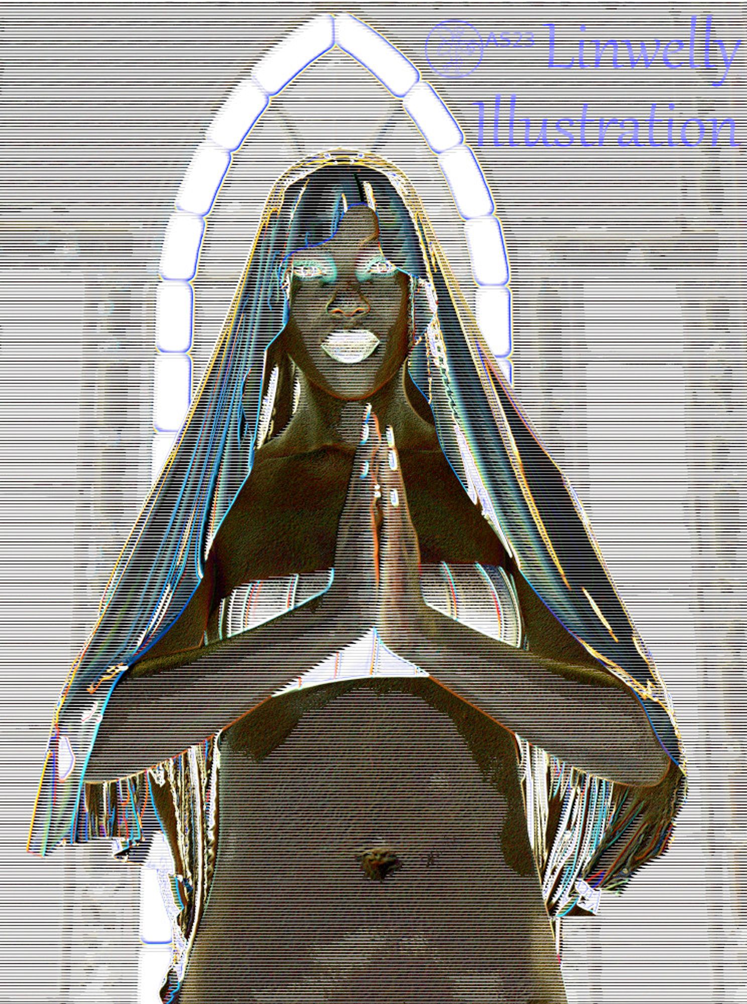 image od a person in the style of a virgin mary image, with y cowl over the head, the hands placed together
3d art with postwork