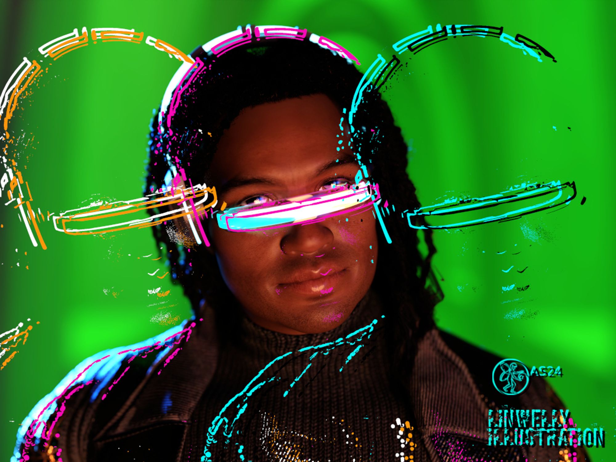 portrait of a man with headphones and a visor in front of a green background, his outlines are overlayed several times in various colours
3d art with postwork in Gimp