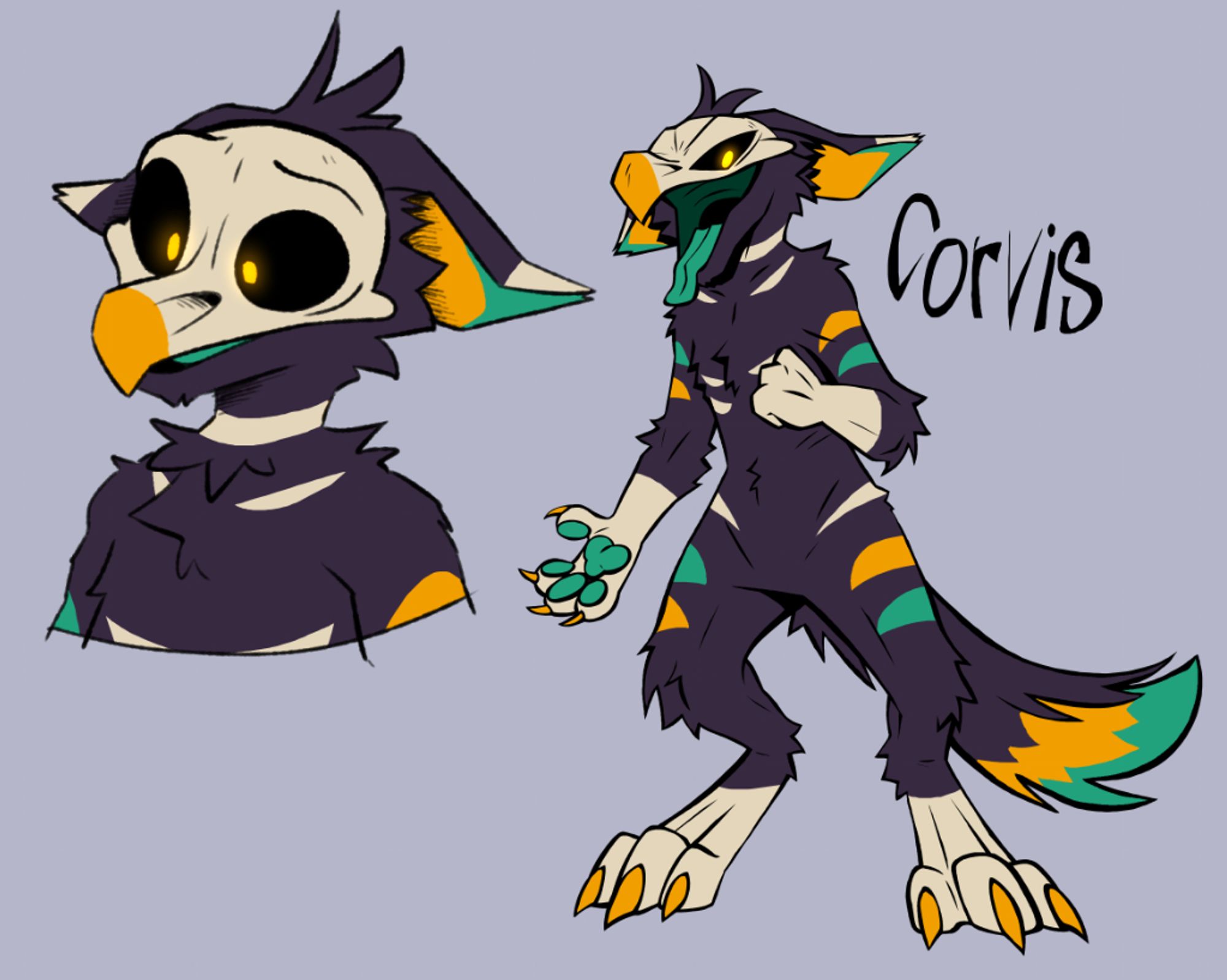 digital art of an anthro skull dog. dark purple fur with bright yellow and teal markings resembling bones (kinda). He wears a bird skull on his face and has black eyes with small glowing yellow pupils. His name is Corvis